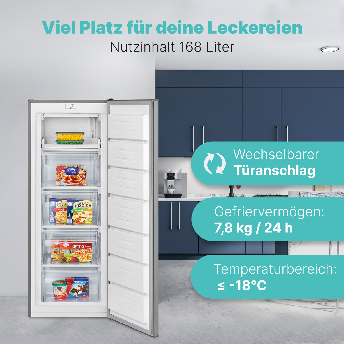 Ein geöffneter Kühlschrank mit gefrorenen Pizzen und anderen Lebensmitteln.