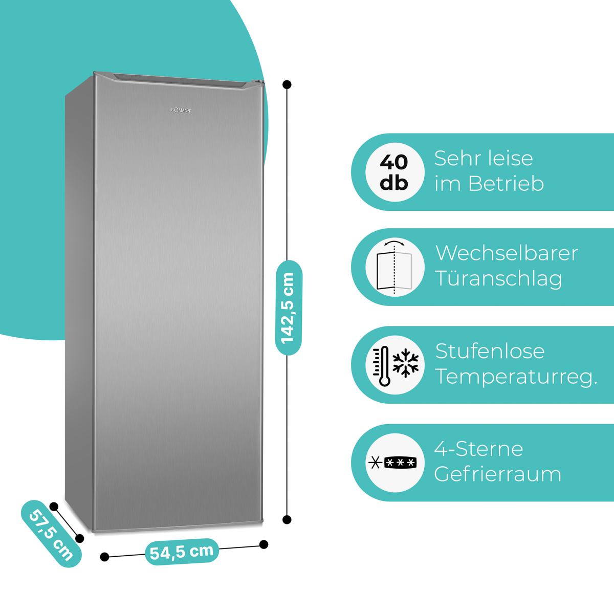 Silberner Kühlschrank mit Maßen und Funktionen: leiser Betrieb, reversible Tür und Gefrierfach.