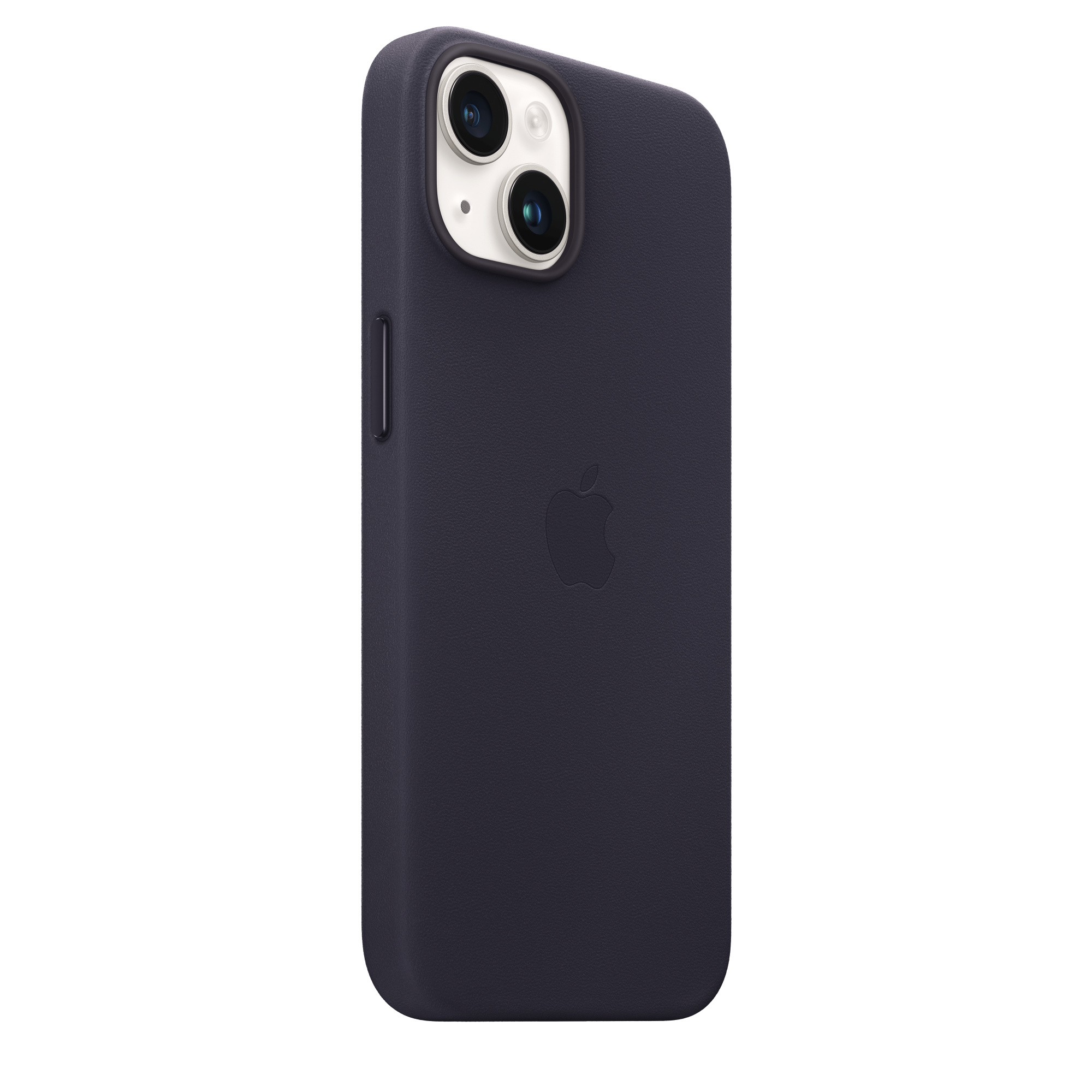 Donkerblauwe iPhone-hoes met Apple-logo en cameralens. Geïsoleerd op wit.
