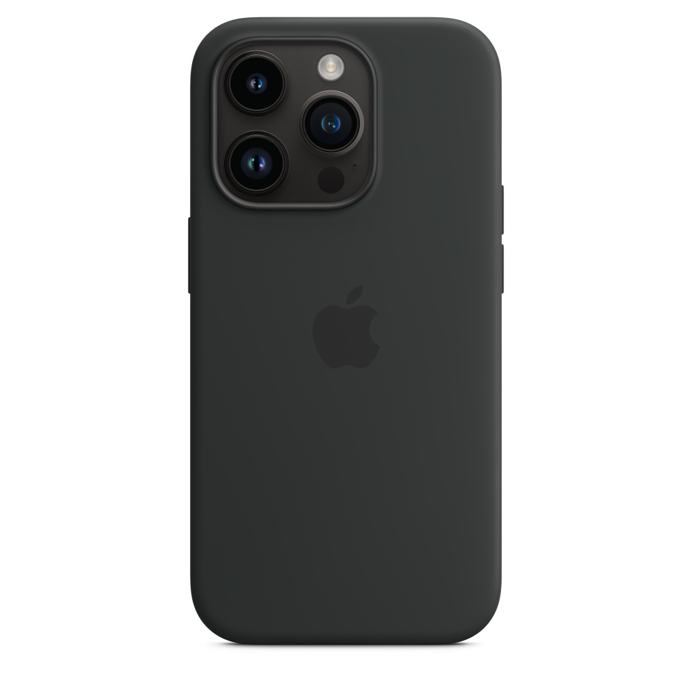 Schwarze iPhone-Hülle mit drei Kameralinsen und einem Apple-Logo auf der Rückseite.