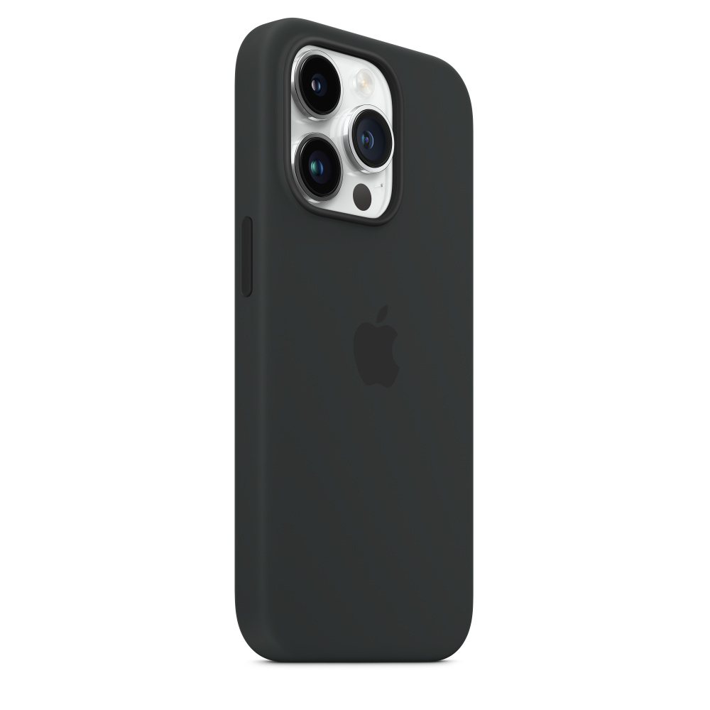 Schwarze iPhone-Hülle. Die Hülle bedeckt die Rückseite des Telefons, das Apple-Logo ist sichtbar.