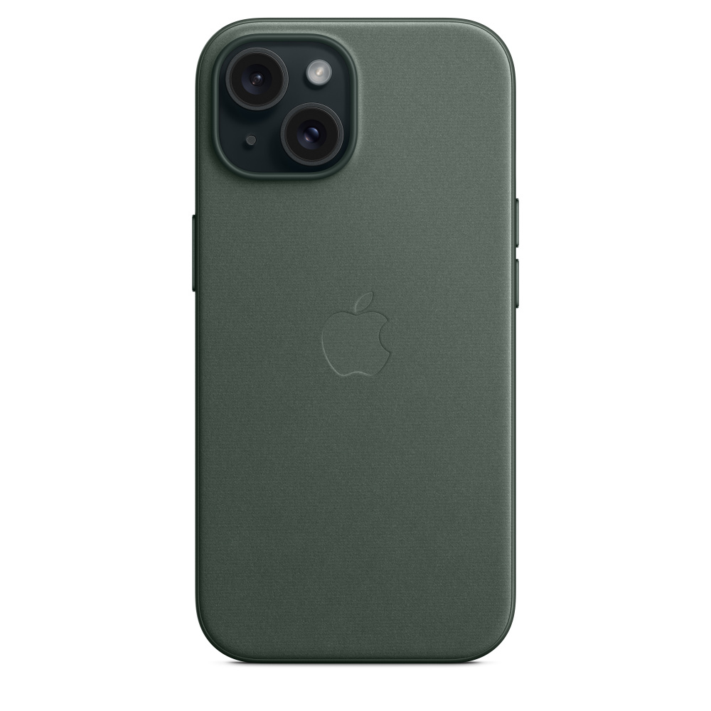 iPhone vert foncé avec étui en cuir, présentant l'appareil photo et le logo Apple.