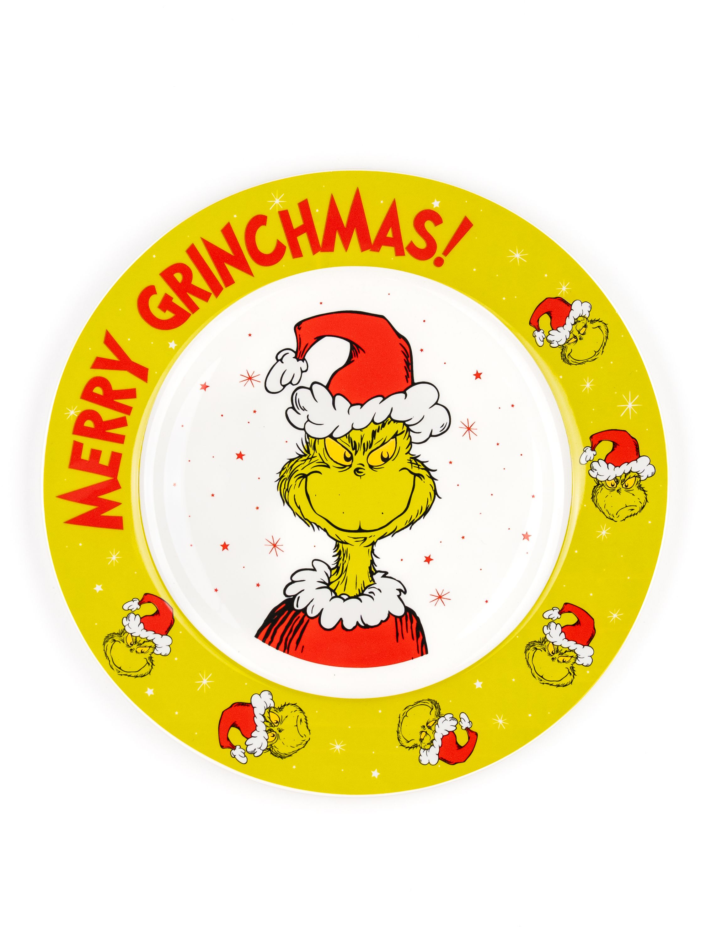 Eine gelbe Platte mit dem Grinch im Weihnachtsmannhut und dem Text Frohe Grinchmas!