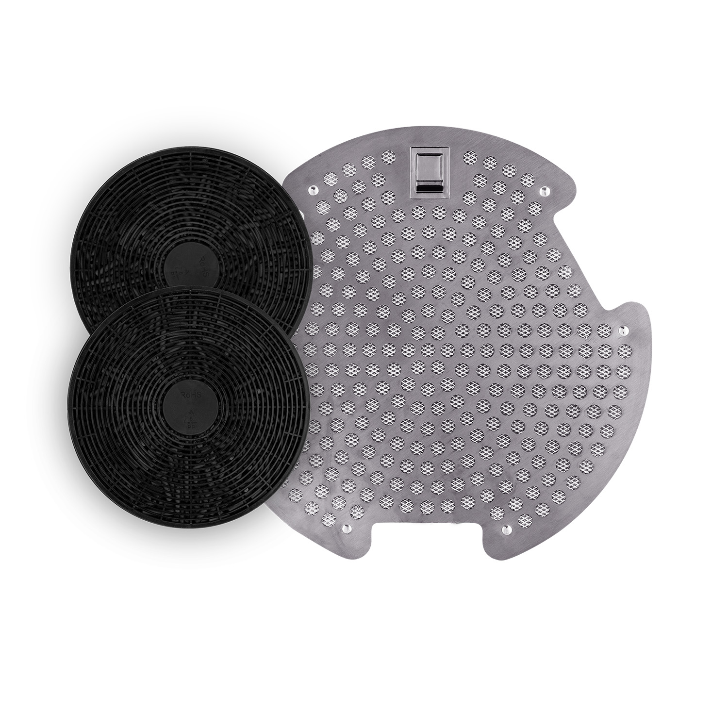 Dos filtros de carbón negro y un filtro de metal gris para una campana extractora, fondo blanco.