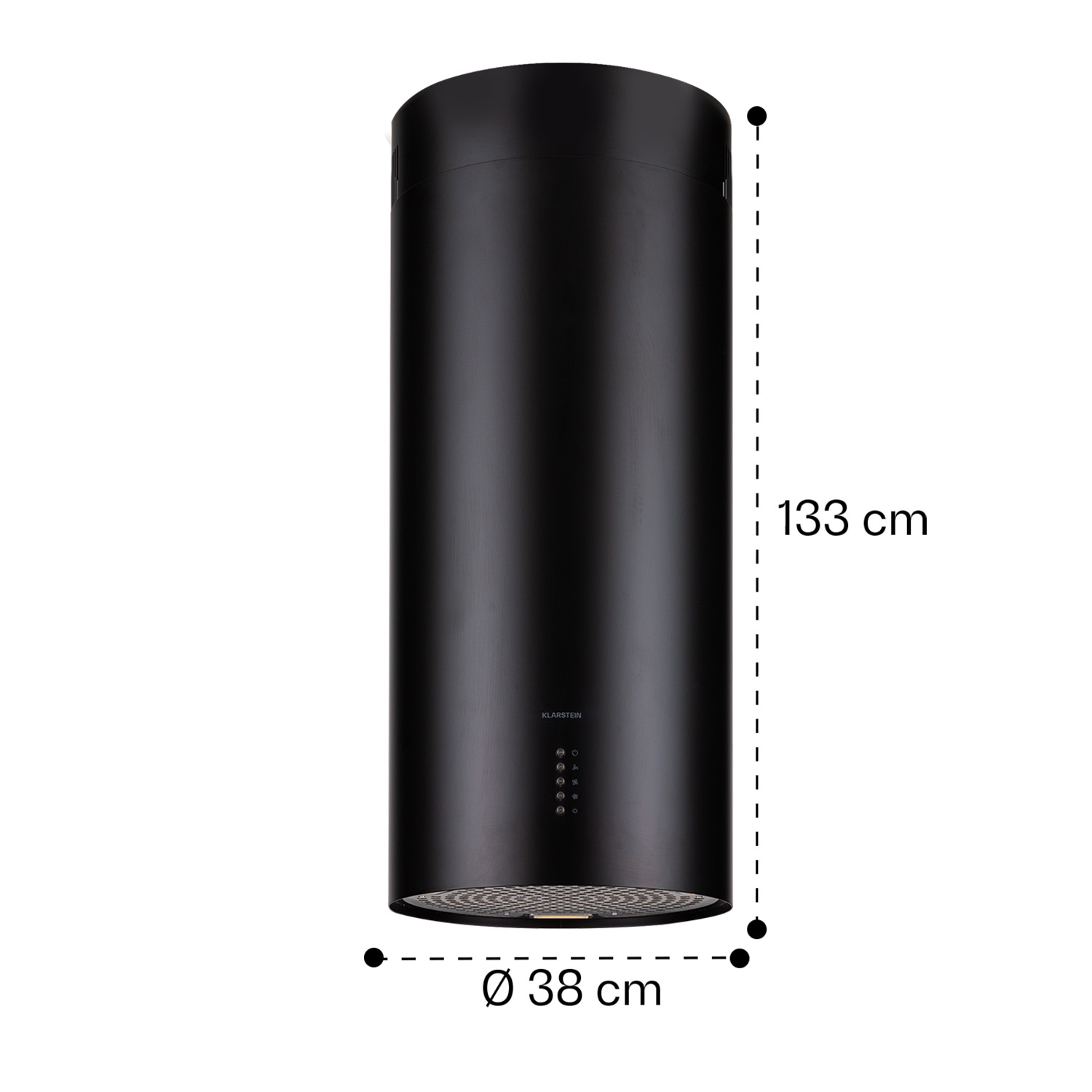 Campana extractora negra con dimensiones. Cilindrica, con controles y rejilla de escape.