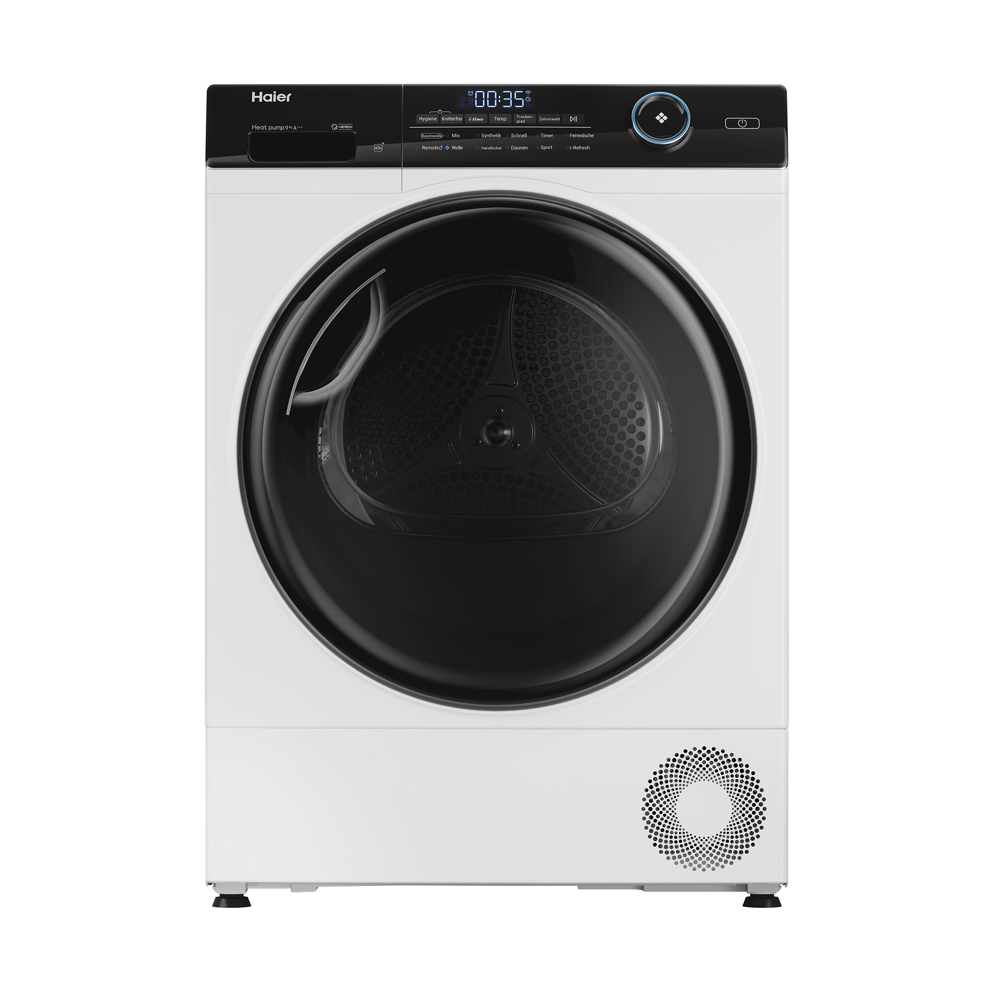 Ein weißer Haier Trockner. Er hat eine schwarze runde Tür und ein digitales Display. Der Markenname steht oben.