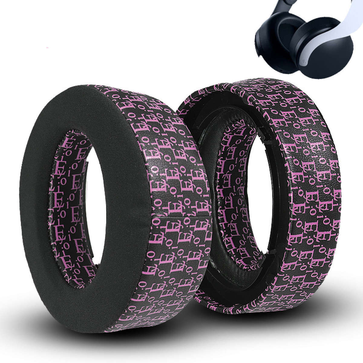 Due cuscinetti auricolari neri per cuffie con motivo di testo rosa e immagine delle cuffie.