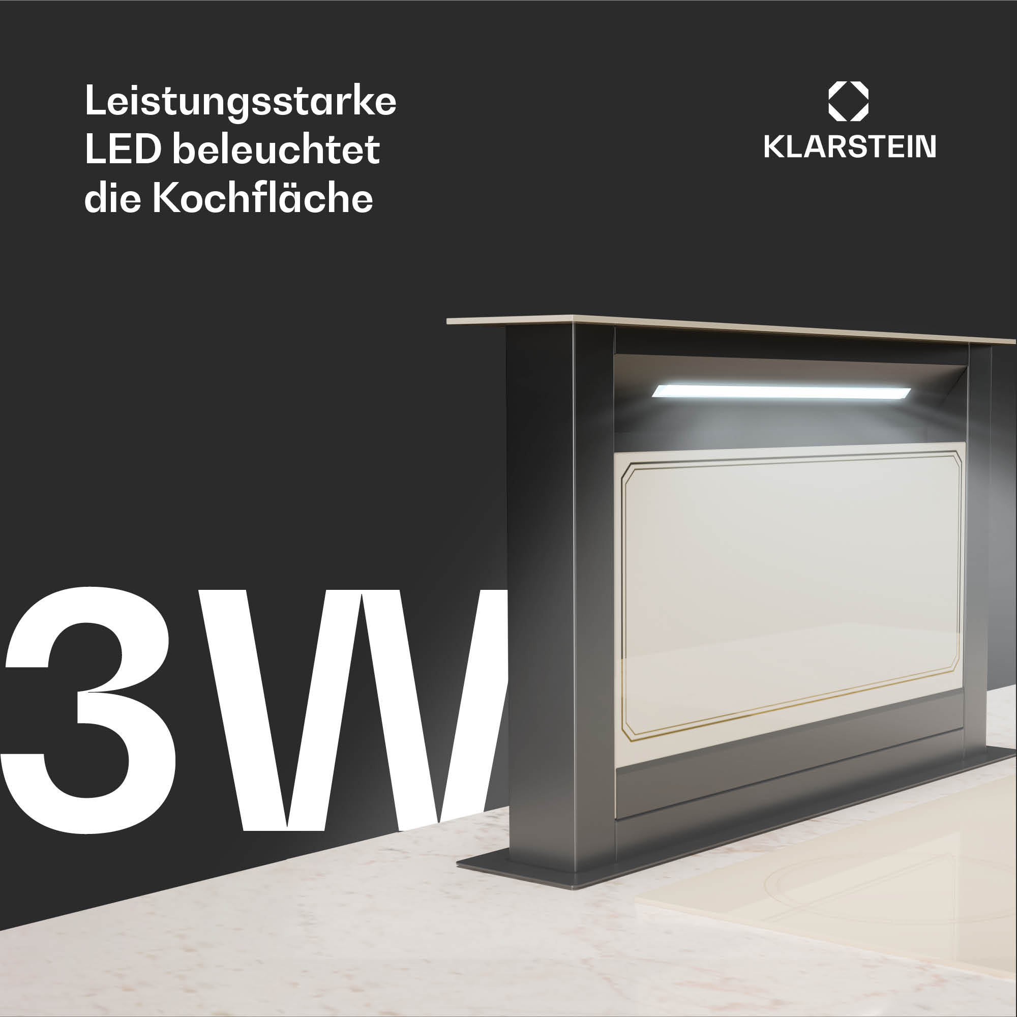 Electrodoméstico de cocina moderno con iluminación LED. Texto: 'LED potente ilumina la zona de cocción'.