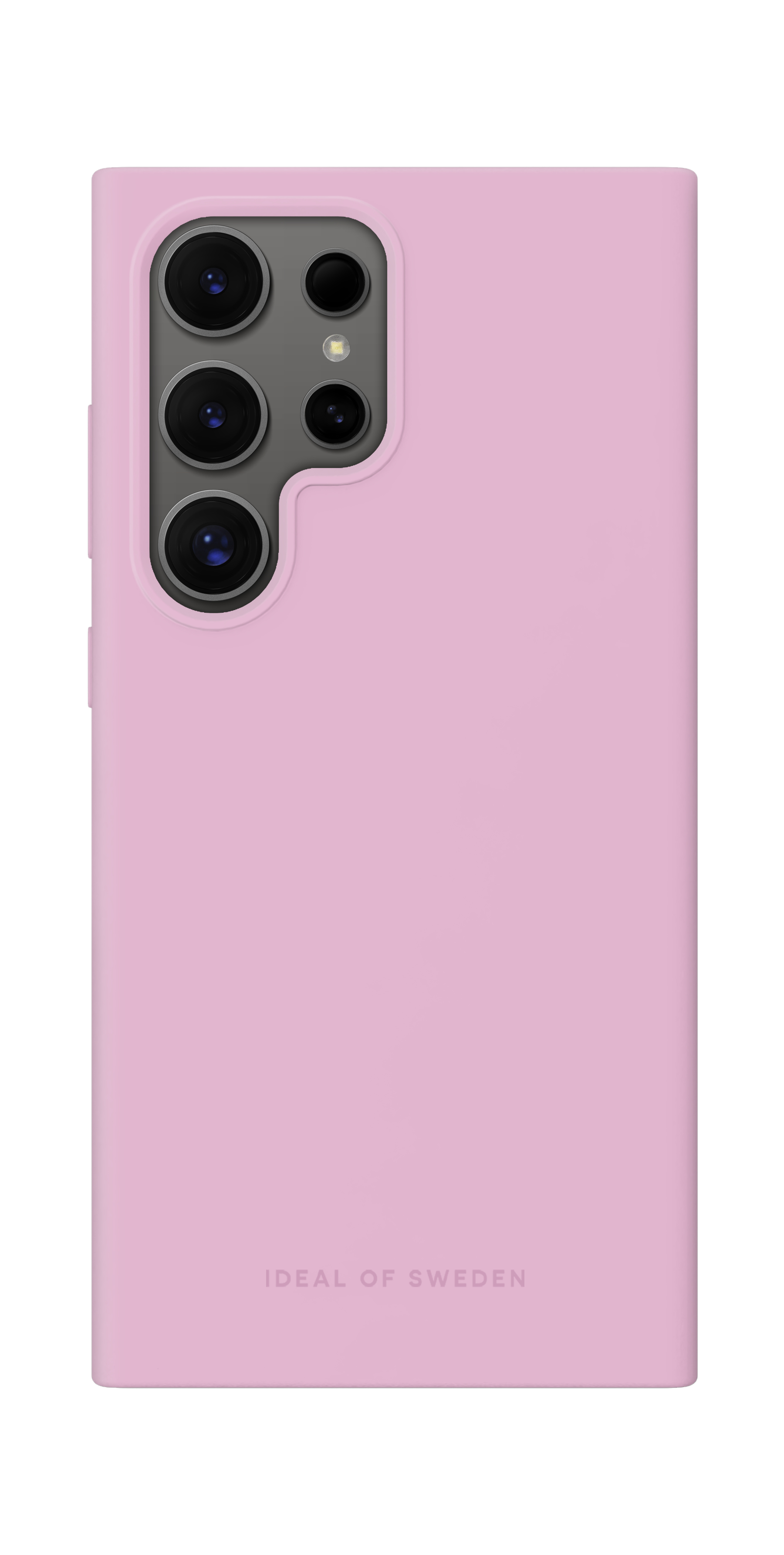 Rosa Handyhülle mit Kamera und Logo. Rosa Farbe, weißer Hintergrund.