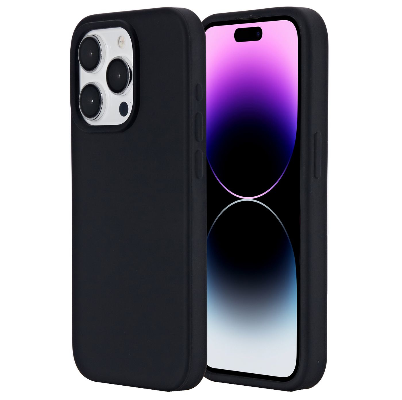 iPhone nero in una custodia, che mostra la parte posteriore e anteriore. Lo schermo è visibile.