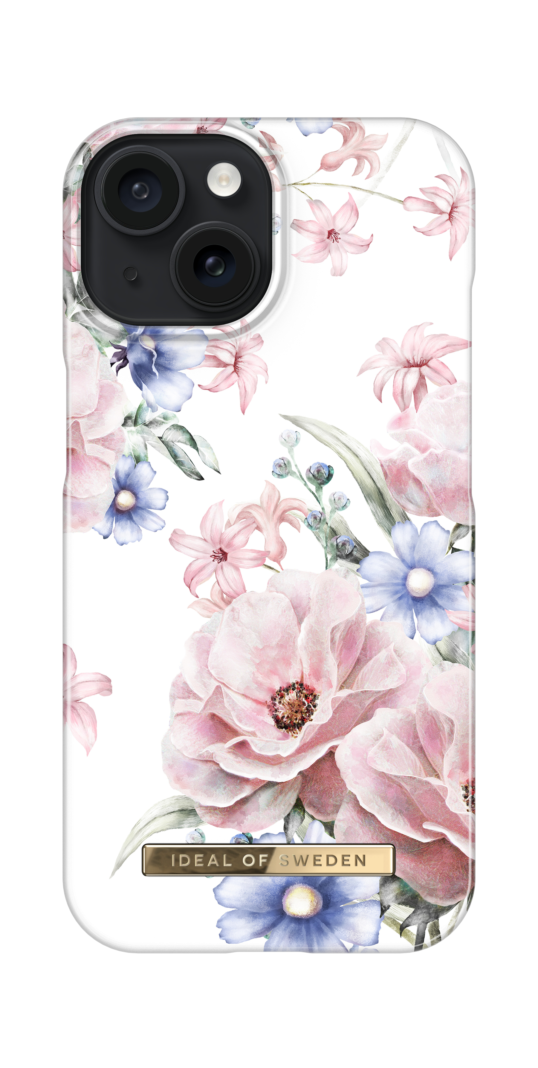 Blumen-Handyhülle mit rosa und blauen Blumen. Weißer Hintergrund mit 'Ideal of Sweden'-Label.