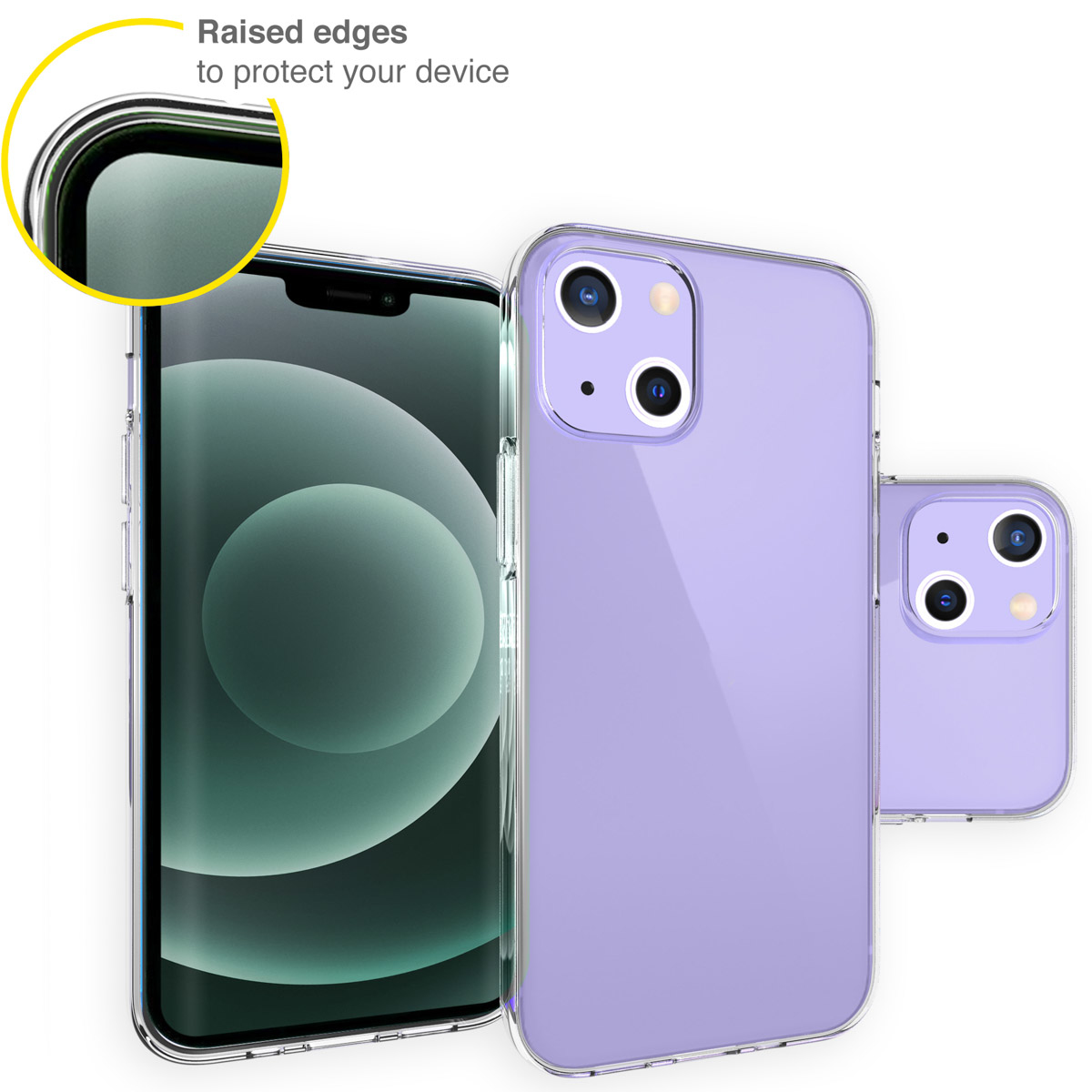 Transparente Handyhülle auf dem Telefon. Erhöhte Kanten. Das Telefon ist lila. Eine andere Hülle im Hintergrund.