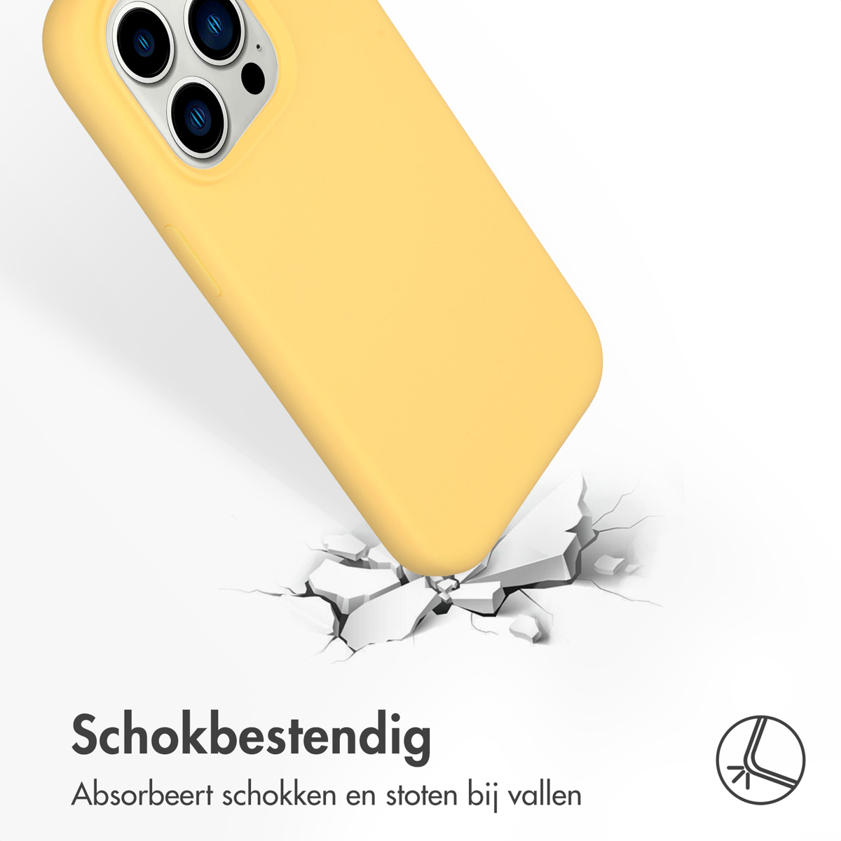 Gele telefoonhoes die een oppervlak raakt, scheuren verschijnen. Tekst: Schokbestendig. Absorbeert schokken.