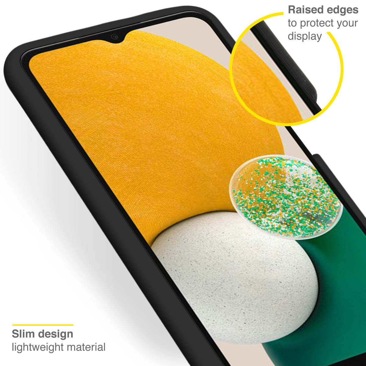 Een telefoonhoesje op een achtergrond. Het heeft een uitsparing en de tekst 'Slim design'.