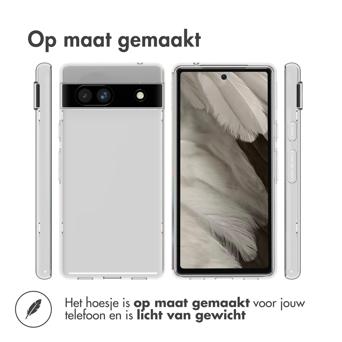 Telefoon met een transparante hoes. De hoes heeft een gat voor de camera. Tekst bovenaan.
