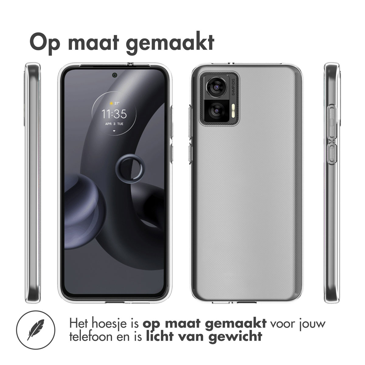 Quatre vues d'une coque argentée, avec téléphone. Texte : Fabriqué sur mesure, léger.