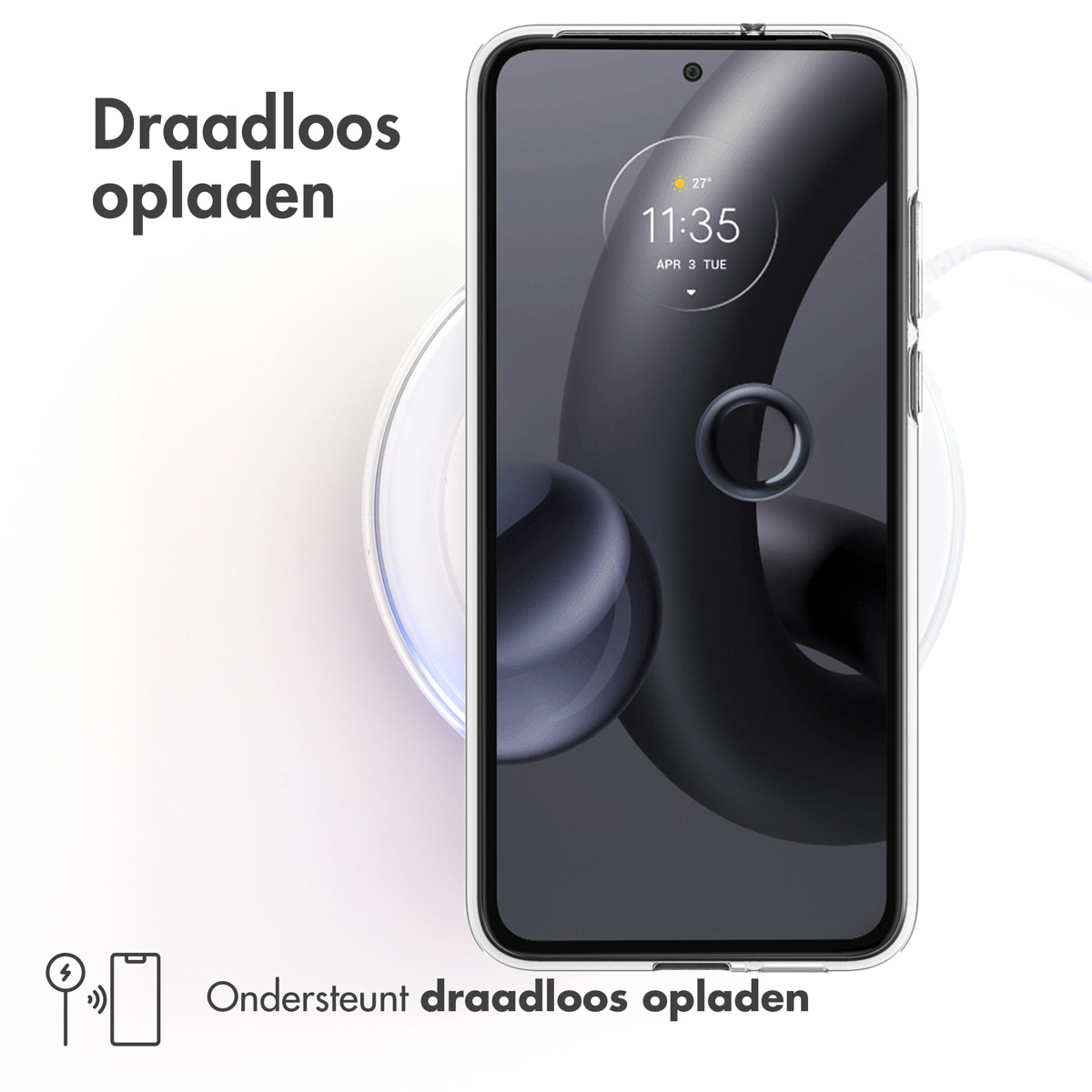 Téléphone sur chargeur sans fil. Texte : 'Draadloos opladen'.