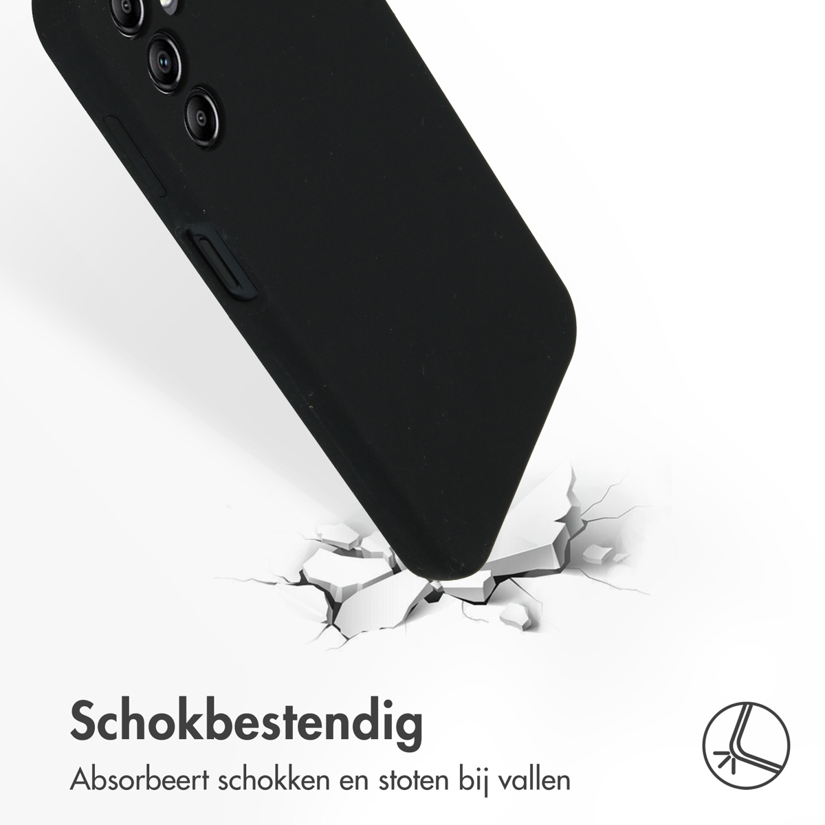 Een zwarte telefoonhoes valt en de impact zorgt ervoor dat de grond breekt.
