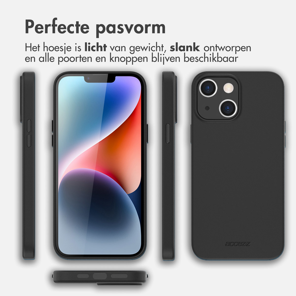 Zwarte telefoonhoes op een telefoon, met meerdere hoeken getoond. Tekst zegt 'Perfecte pasvorm'.