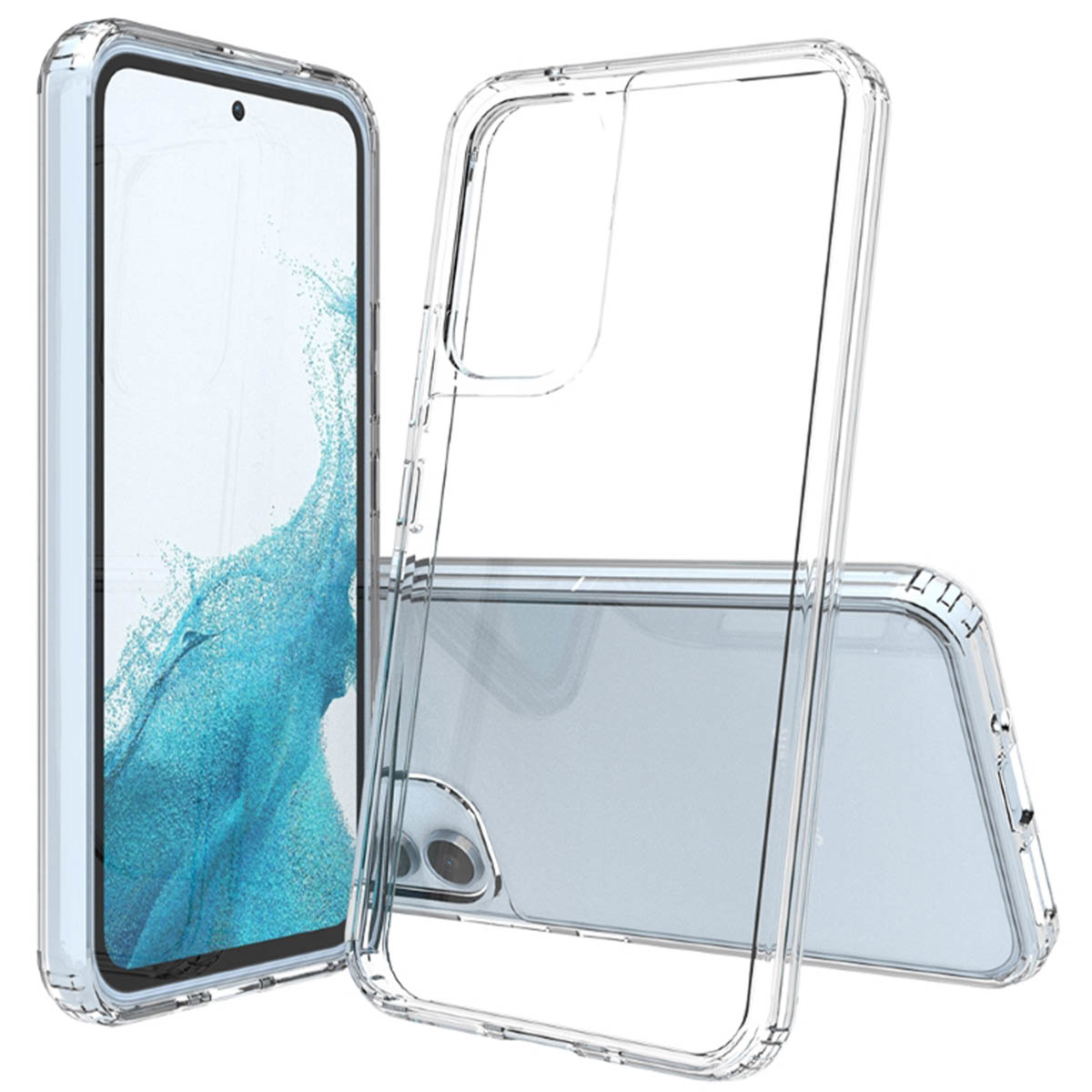 Meerdere telefoons in doorzichtige hoesjes. Ze staan op een wit oppervlak.