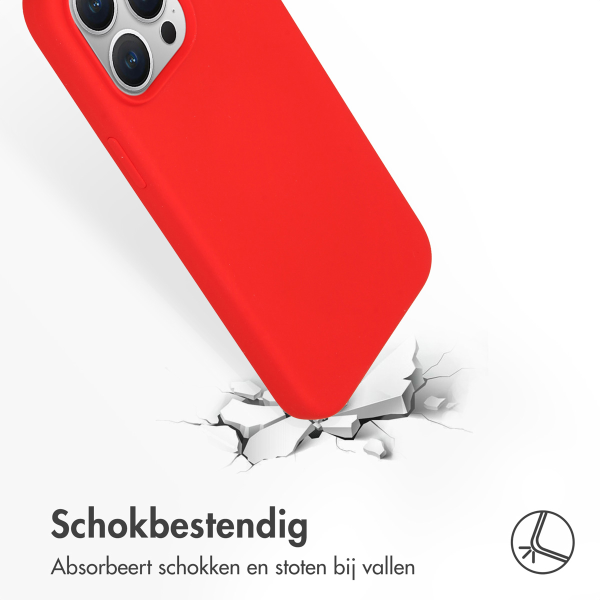 Rode telefoonhoes met een gebarsten oppervlak eronder, die schokbestendigheid aantoont.