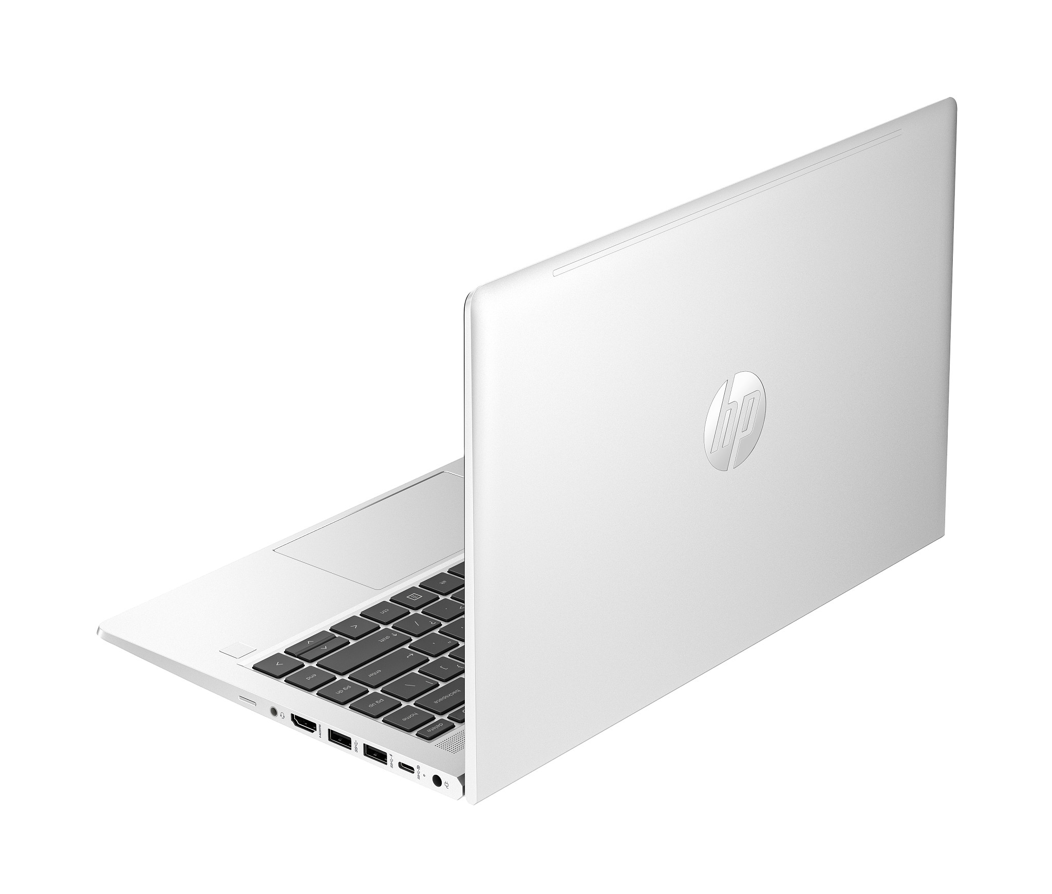 Laptop bianco inclinato a destra. Il logo HP è visibile sul retro. La tastiera è nera.