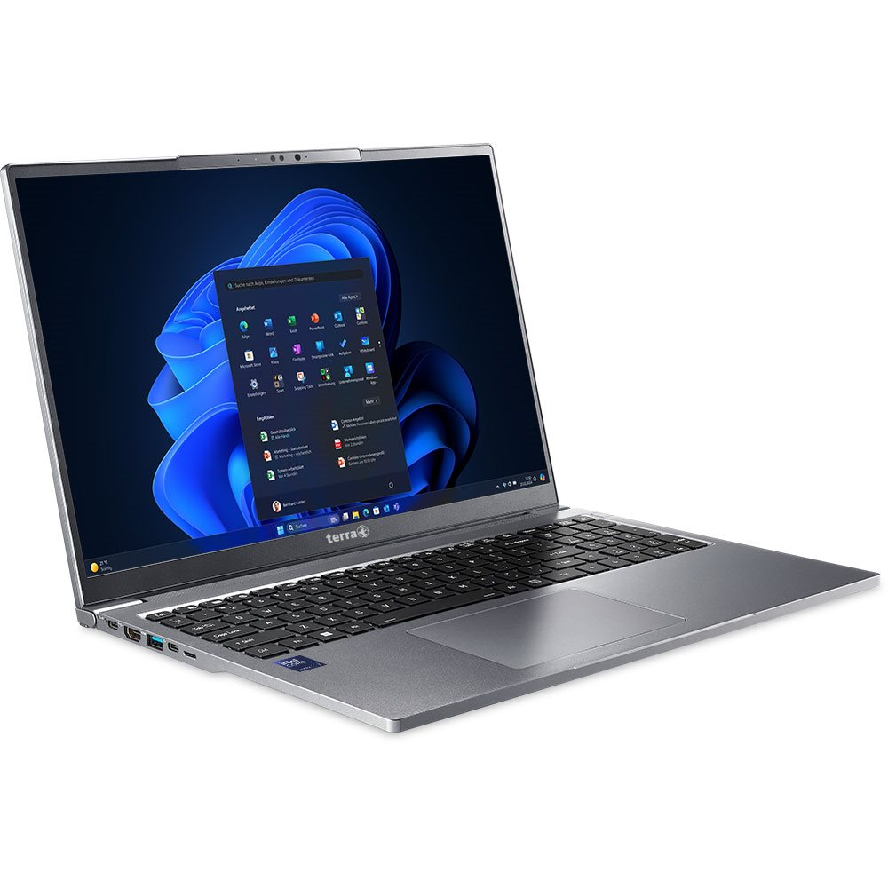 Srebrny laptop z niebieskim ekranem z ikonami aplikacji, nowoczesny design i białe tło.