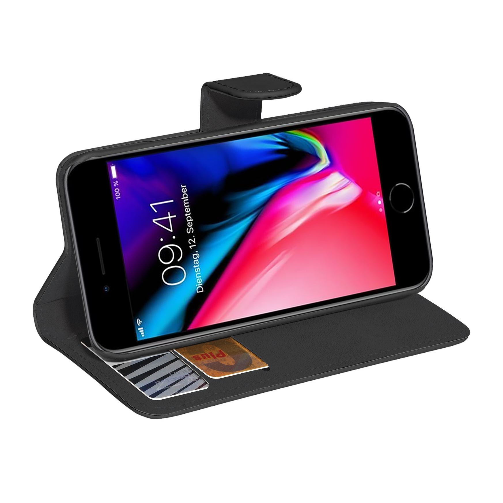 Schwarze Handyhülle mit einem Telefon, das die Uhrzeit anzeigt.