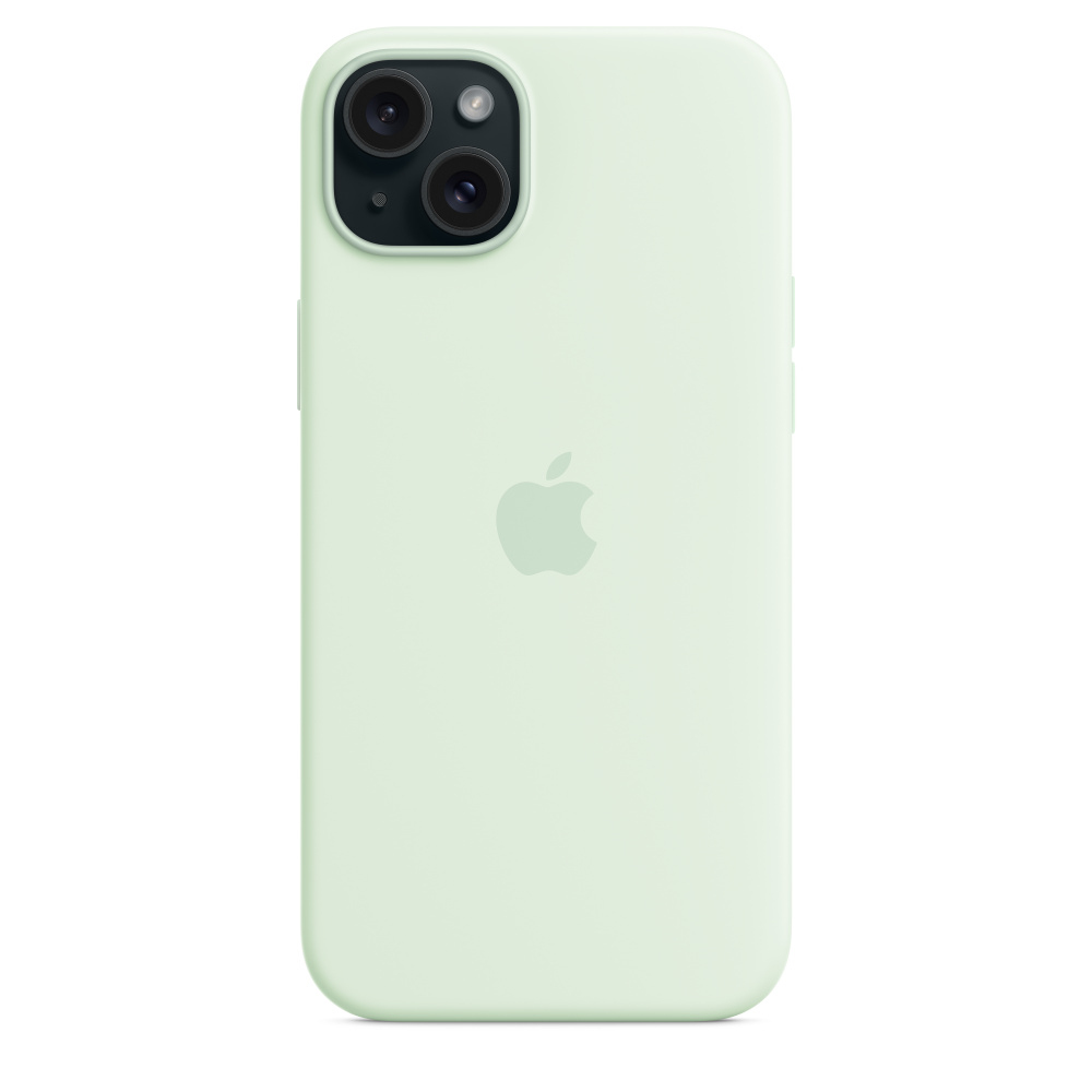 Groene telefoonhoes met Apple-logo op de achterkant.