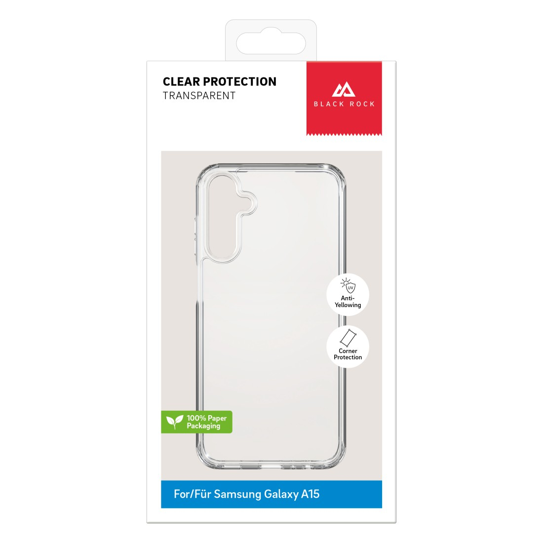 Eine transparente Handyhülle wird in einer weiß-grauen Box gezeigt, mit dem Text 'CLEAR PROTECTION' und 'TRANSPARENT'.