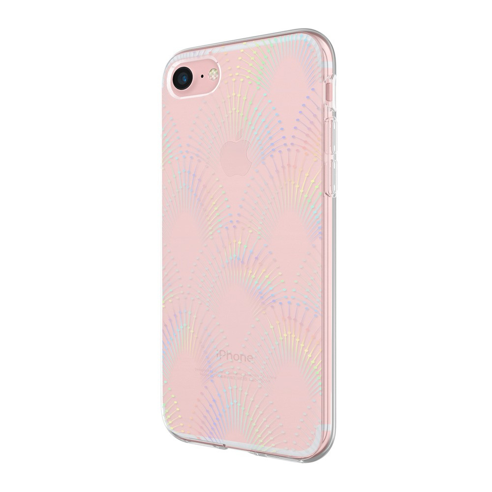Eine transparente Handyhülle mit einem rosa, gemusterten Telefon im Inneren, auf weißem Hintergrund.
