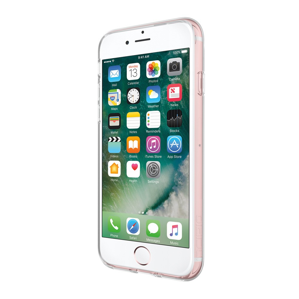iPhone in klarer Hülle, rosa Rand, Bildschirm zeigt App-Symbole, Seitenansicht.