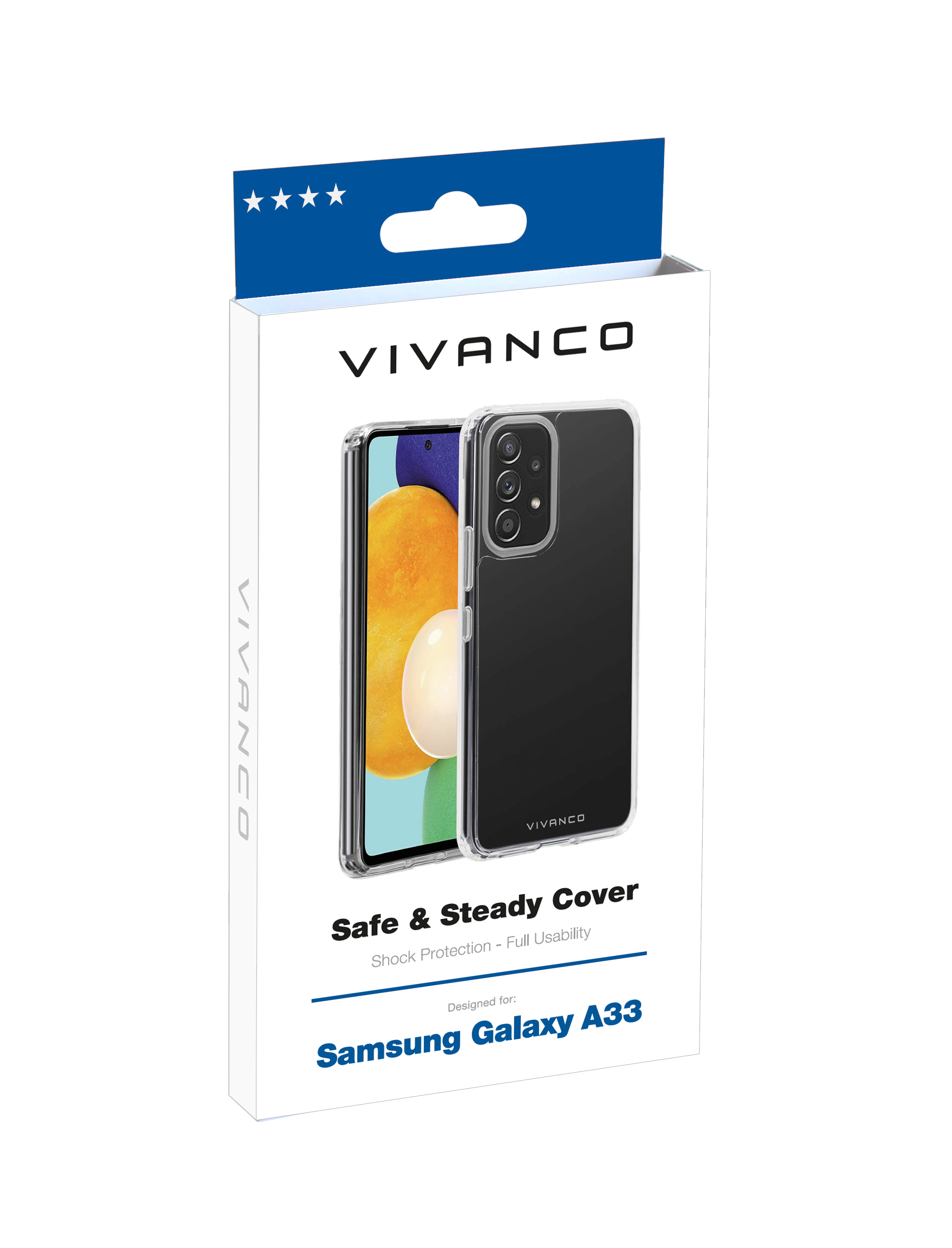 Una confezione di custodia per telefono con le parole 'Safe & Steady Cover'.