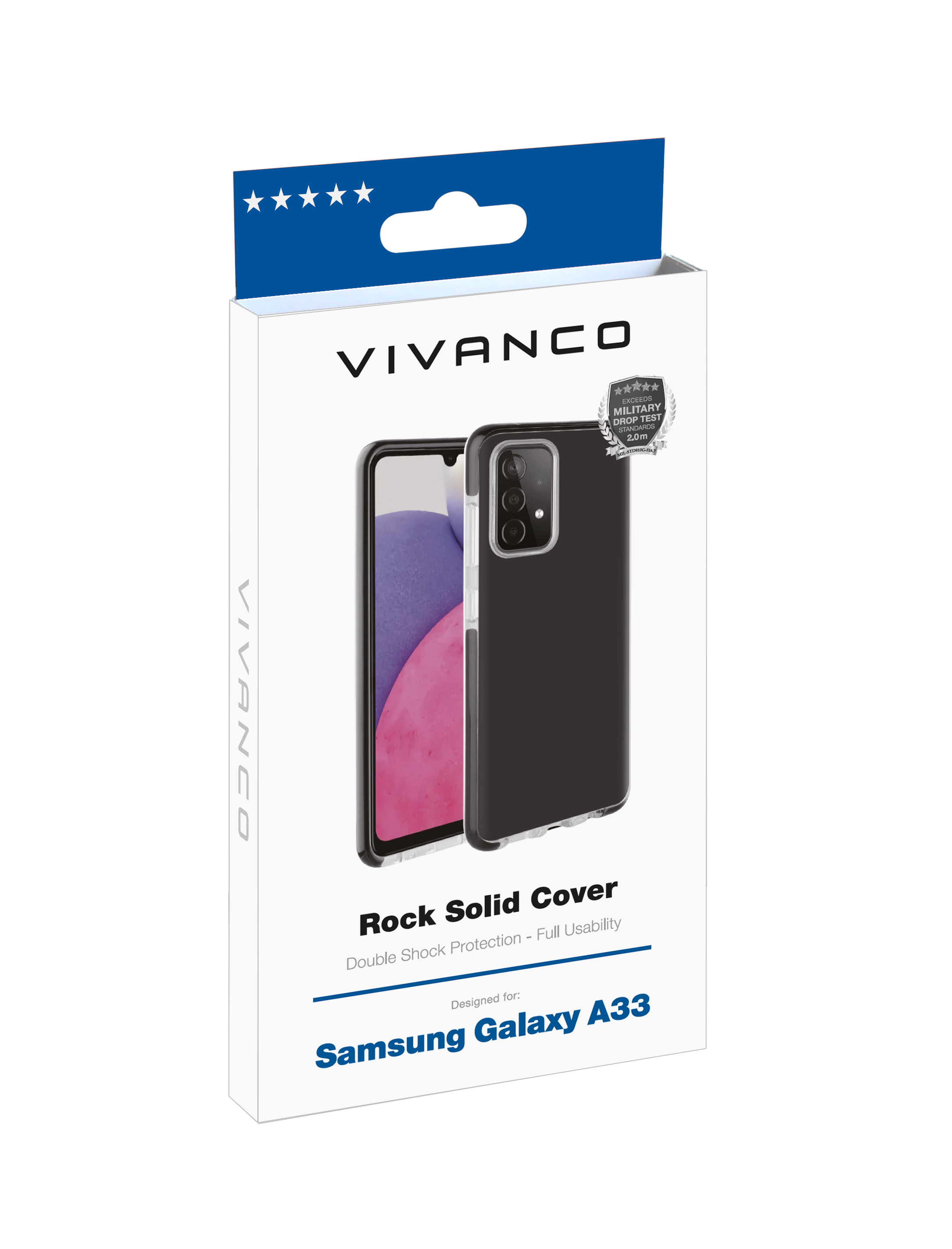 Custodia nera per telefono in una scatola bianca, marchio Vivanco. Progettata per Samsung Galaxy A33.