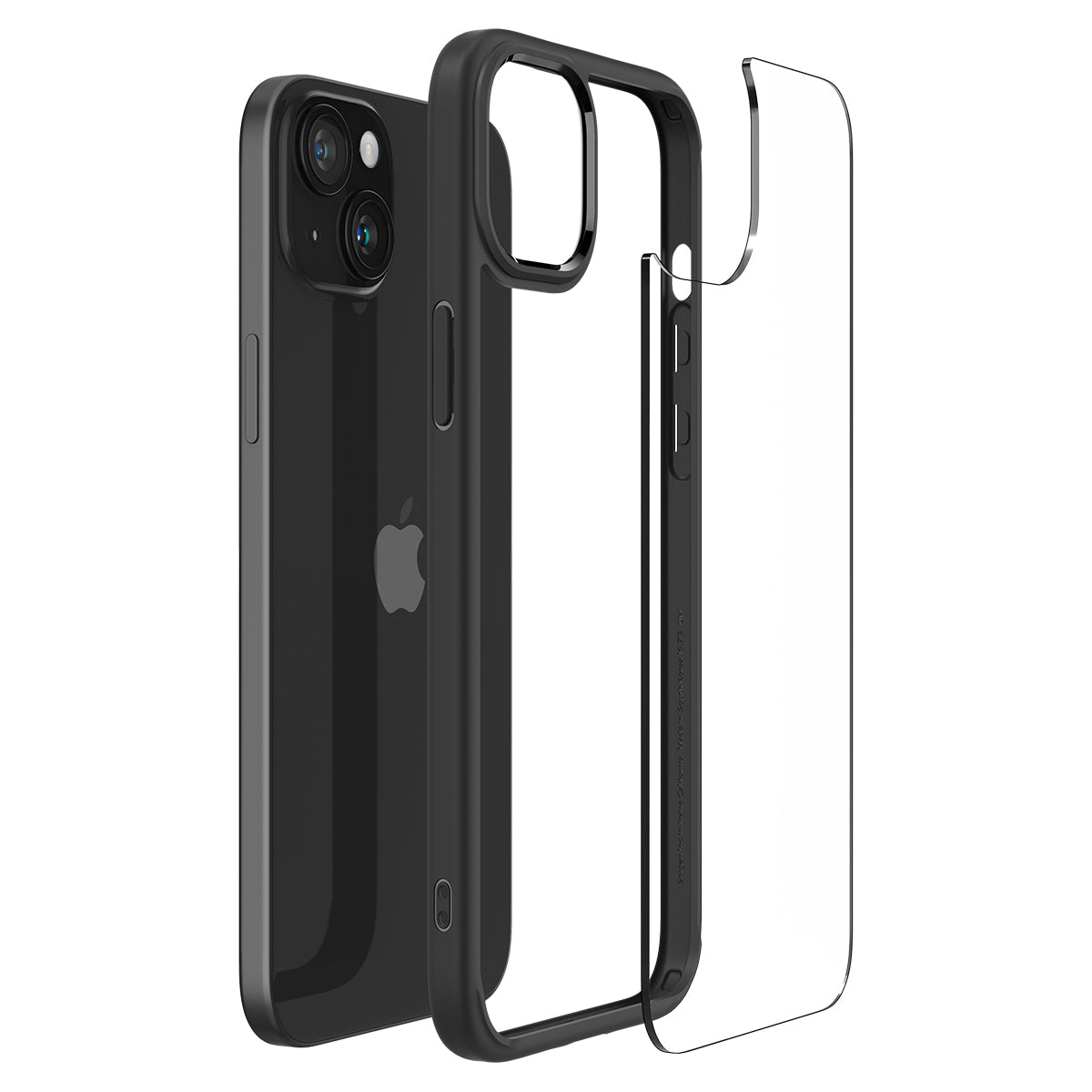 Custodia nera con fori per fotocamera e pulsanti. Copertura trasparente separata a destra. iPhone all'interno.