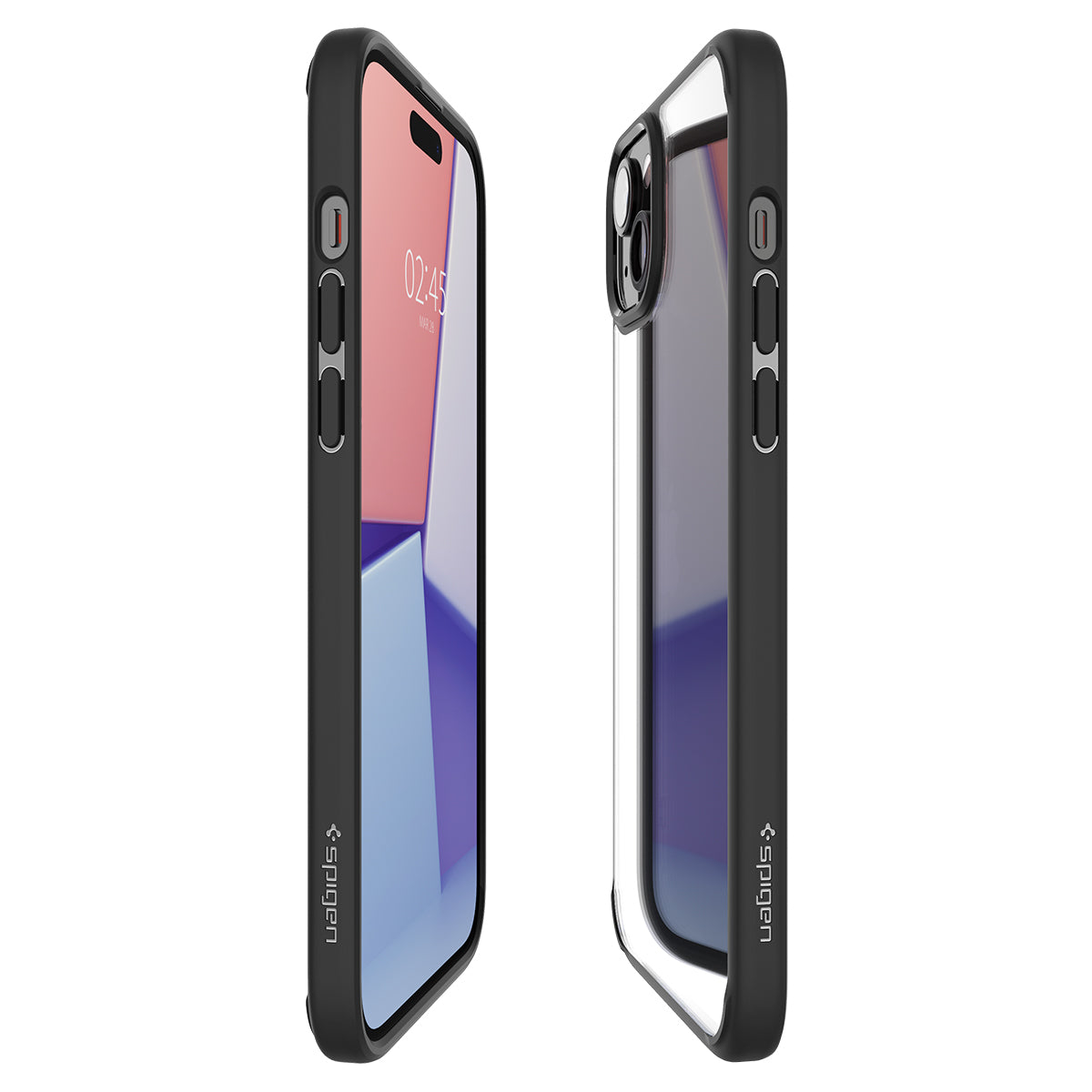 Due telefoni con custodie nere. Uno mostra i colori sullo schermo. Logo Spigen.