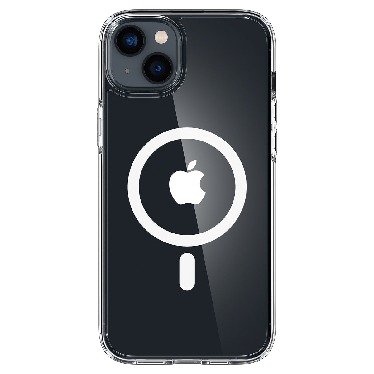 Transparante telefoonhoes met Apple-logo en cirkeldesign. De achterkant is zwart.