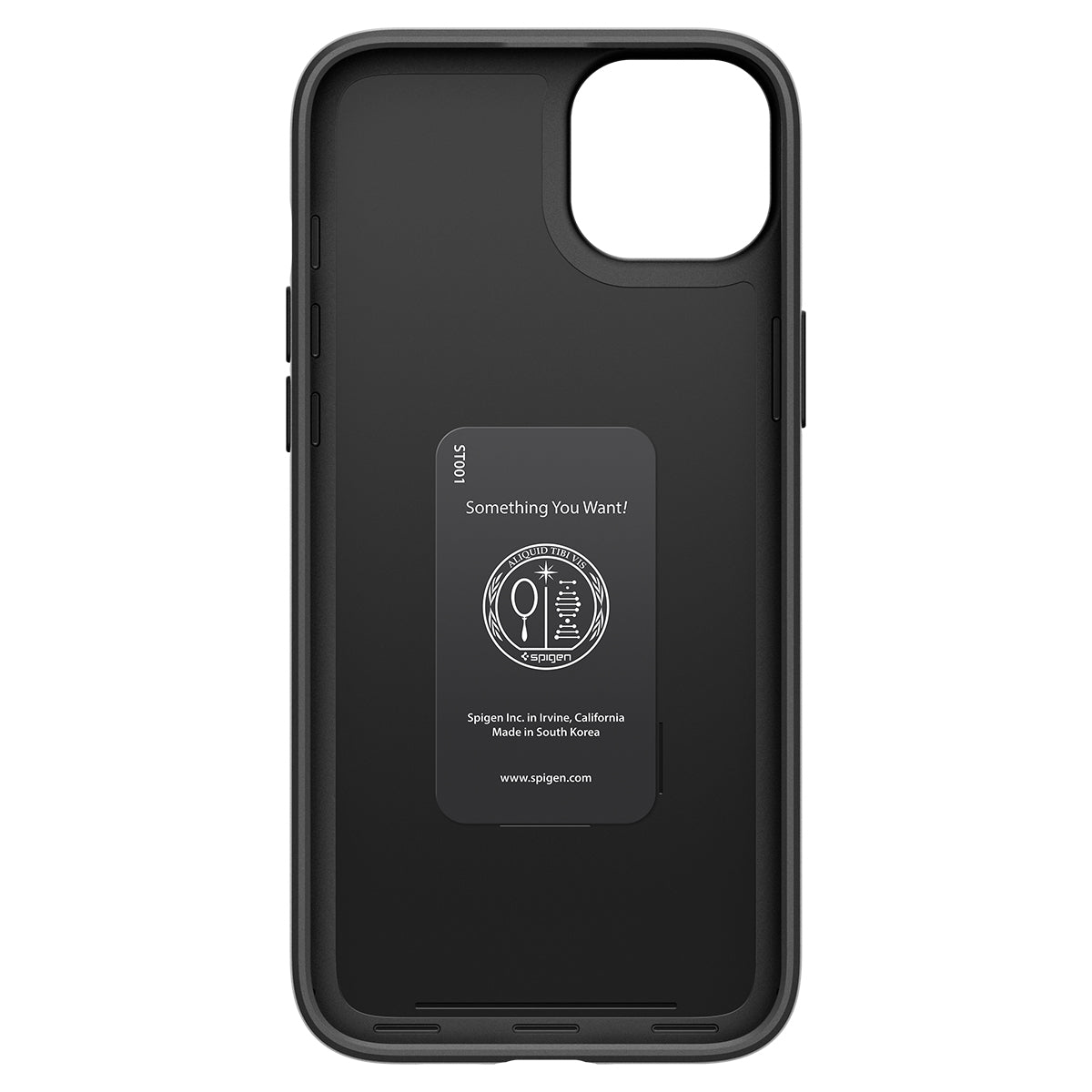 Black phone case interior. Text: Something You Want! Logo and branding.