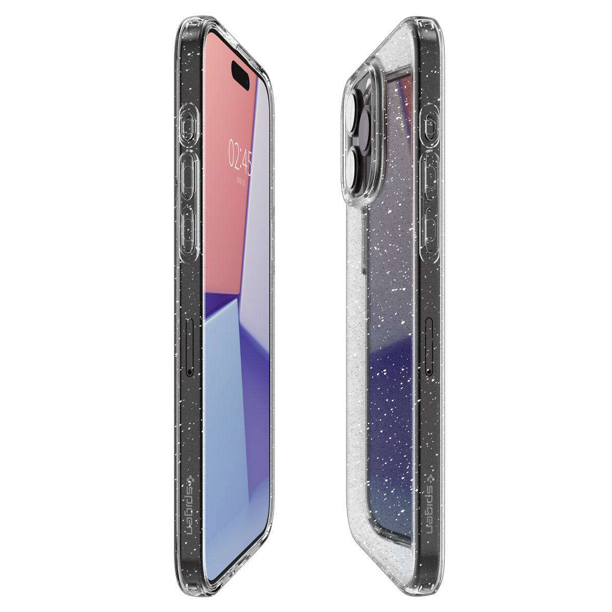 Twee telefoonhoesjes worden getoond, één op zijn kant en één van achter. Beide hebben glitters.