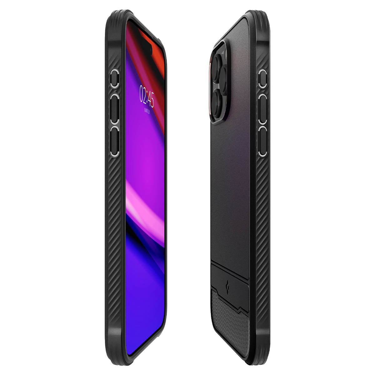 Coque de téléphone noire, vue latérale. Affiche écran et côtés.