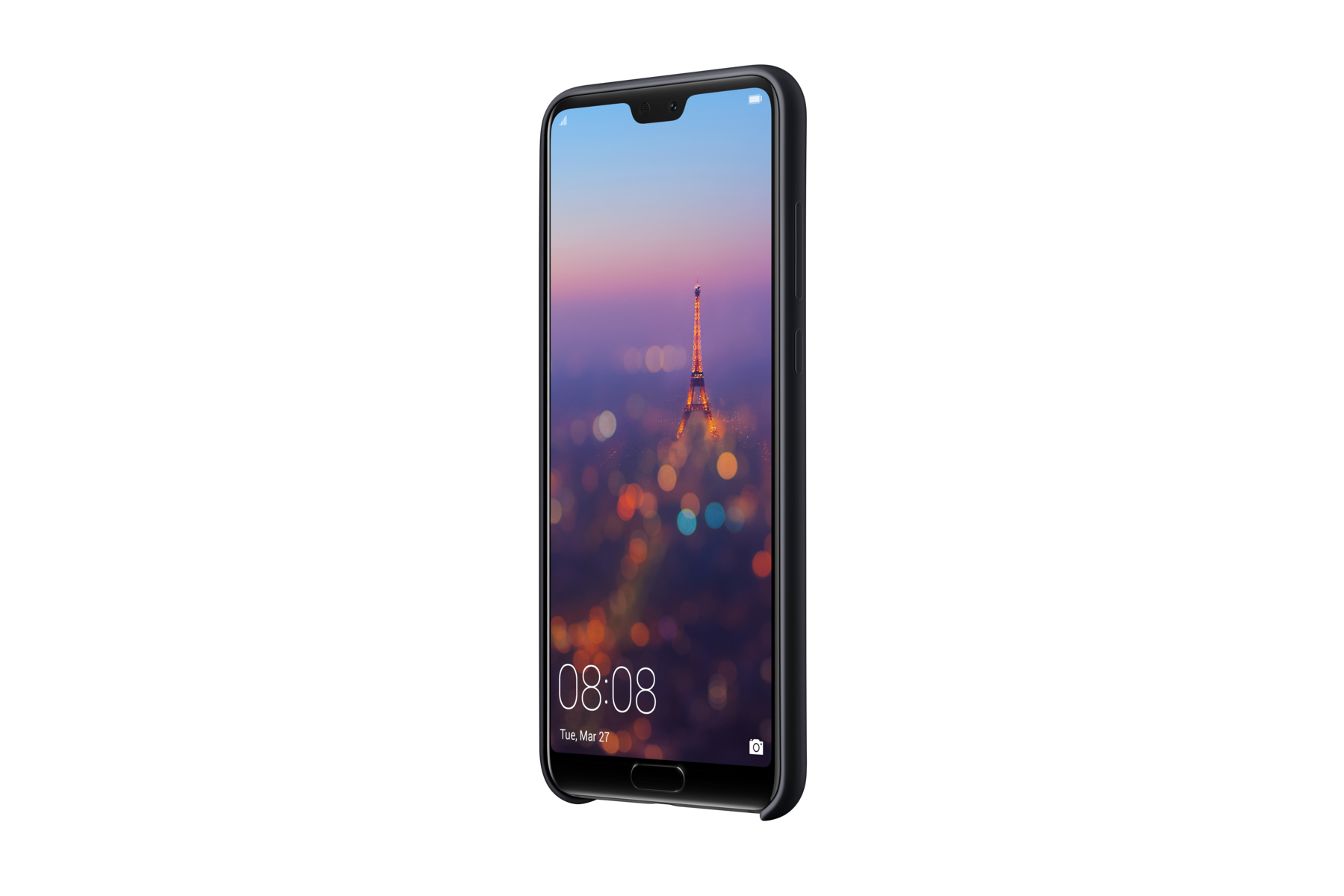 Uno smartphone in una custodia blu scuro mostra la Torre Eiffel sullo schermo.