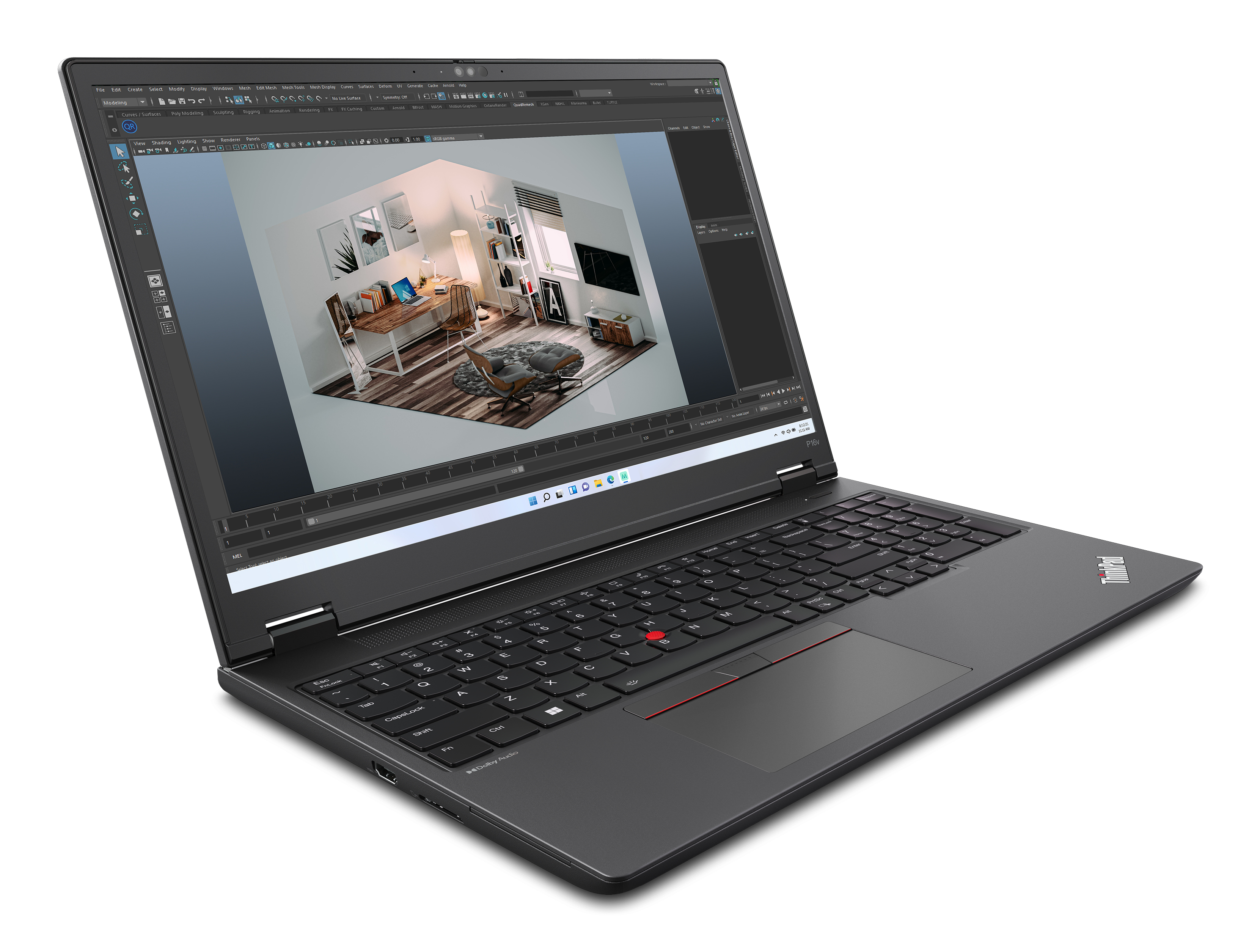Laptop con software di interior design. Laptop grigio su superficie bianca.