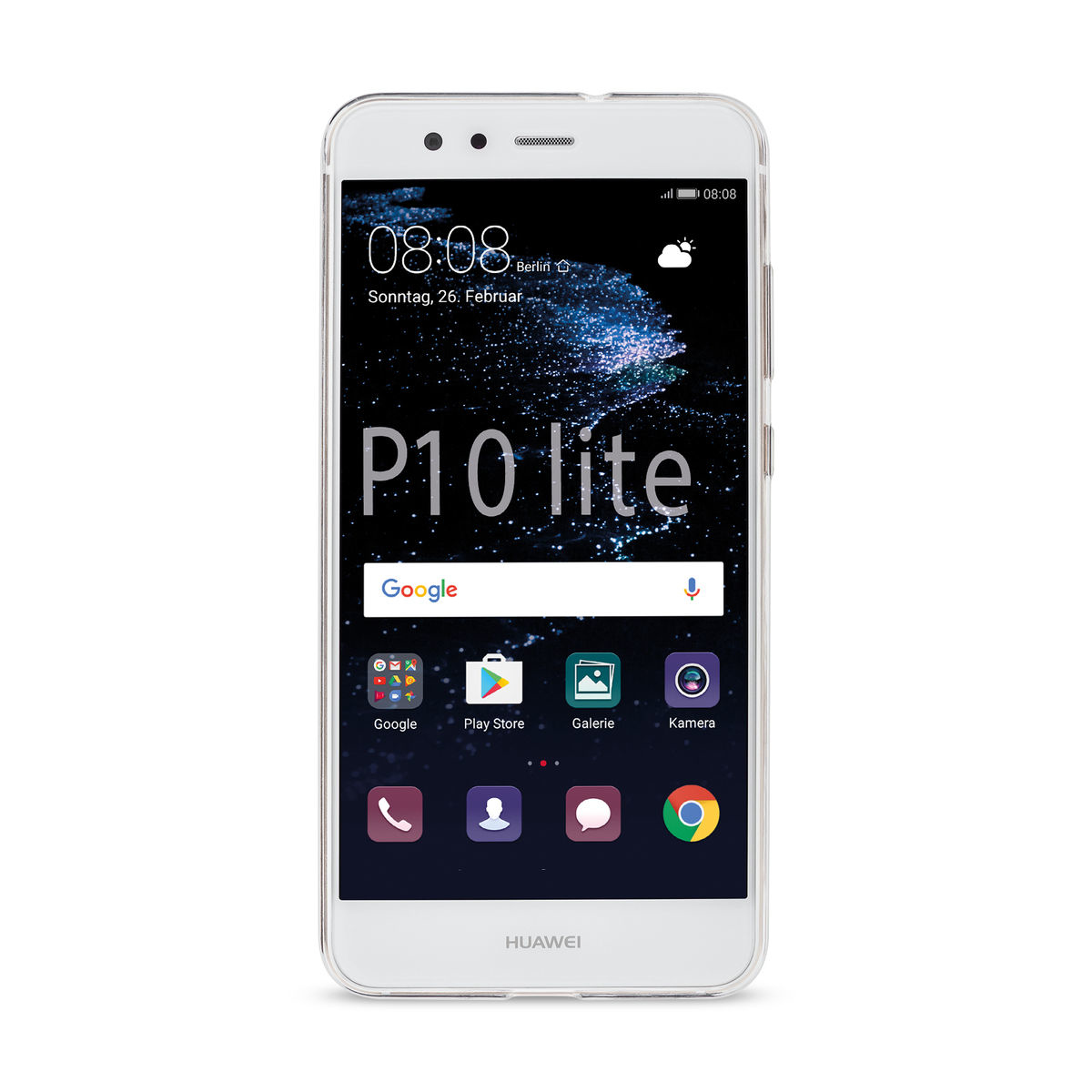 Telefono Huawei P10 lite bianco che mostra la schermata iniziale con Google e icone delle app.