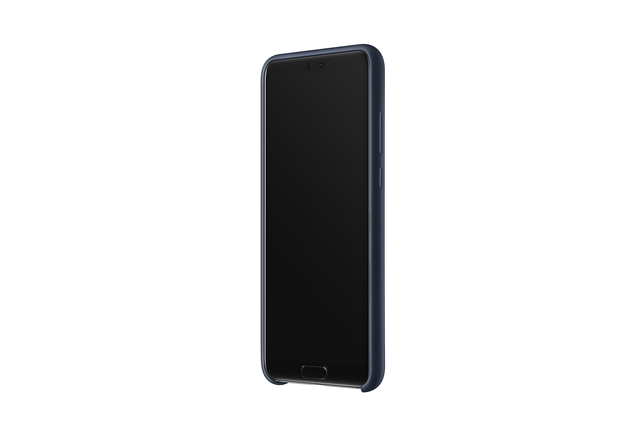 Un telefono in una custodia blu scuro. Lo schermo del telefono è nero, vista laterale, con sfondo bianco.