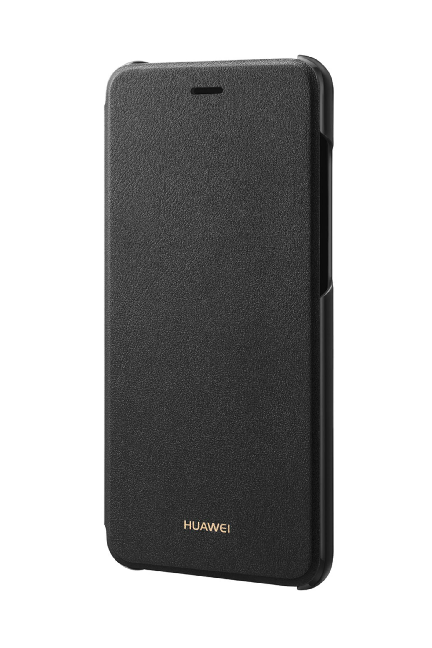 Funda de teléfono negra cerrada con 'HUAWEI' en letras doradas. Textura de cuero.