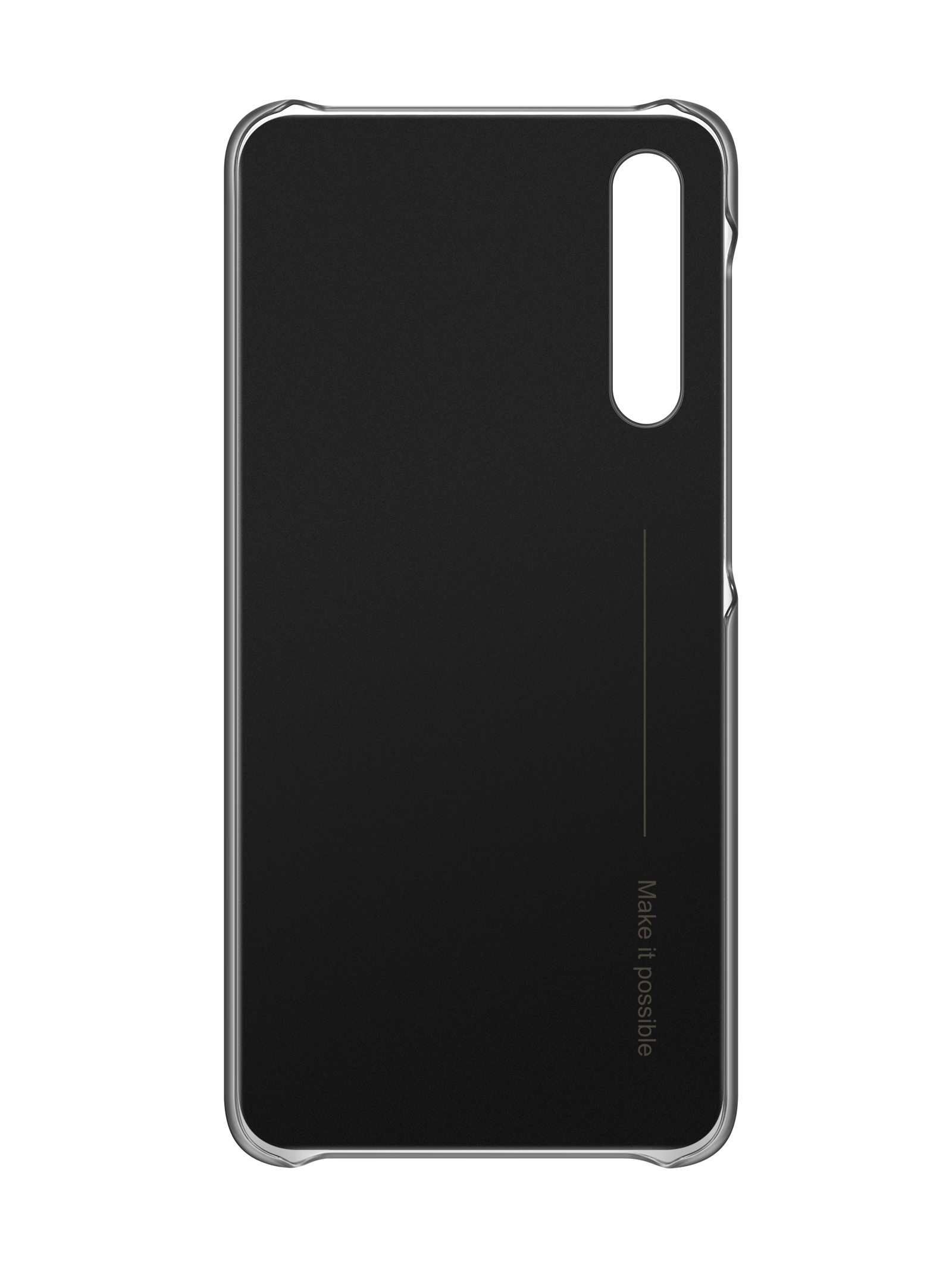 Custodia per telefono nera con cornice trasparente e la scritta 'Make it possible' in bianco.