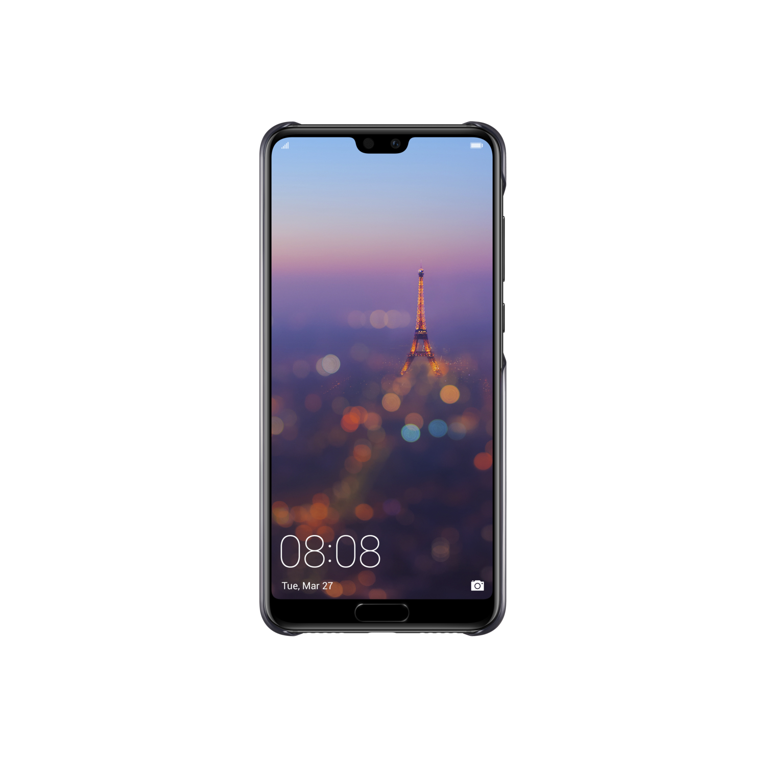 Smartphone nero che mostra luci della città e Torre Eiffel. È notte. Il telefono ha una custodia.