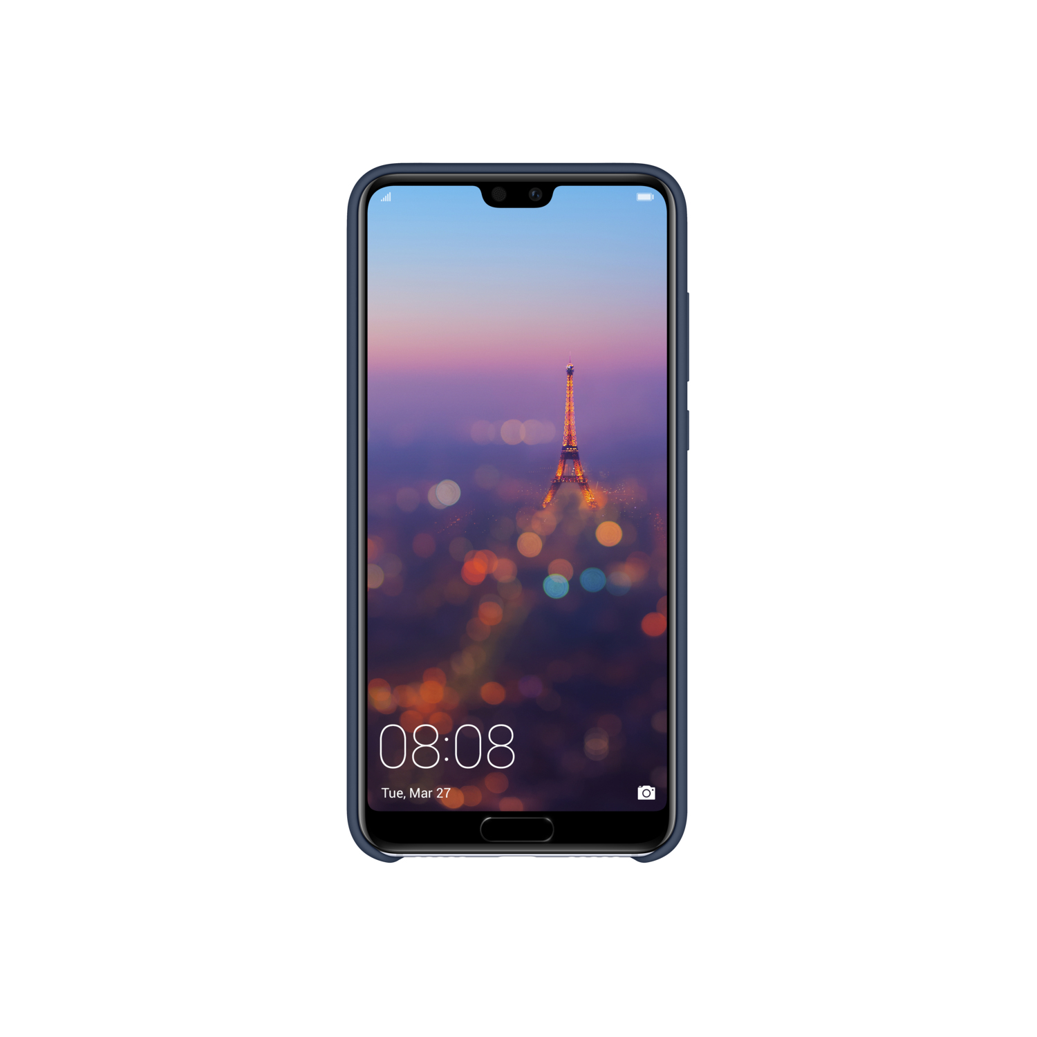 Ein Smartphone in einer dunkelblauen Hülle zeigt den Eiffelturm um 08:08 Uhr morgens.
