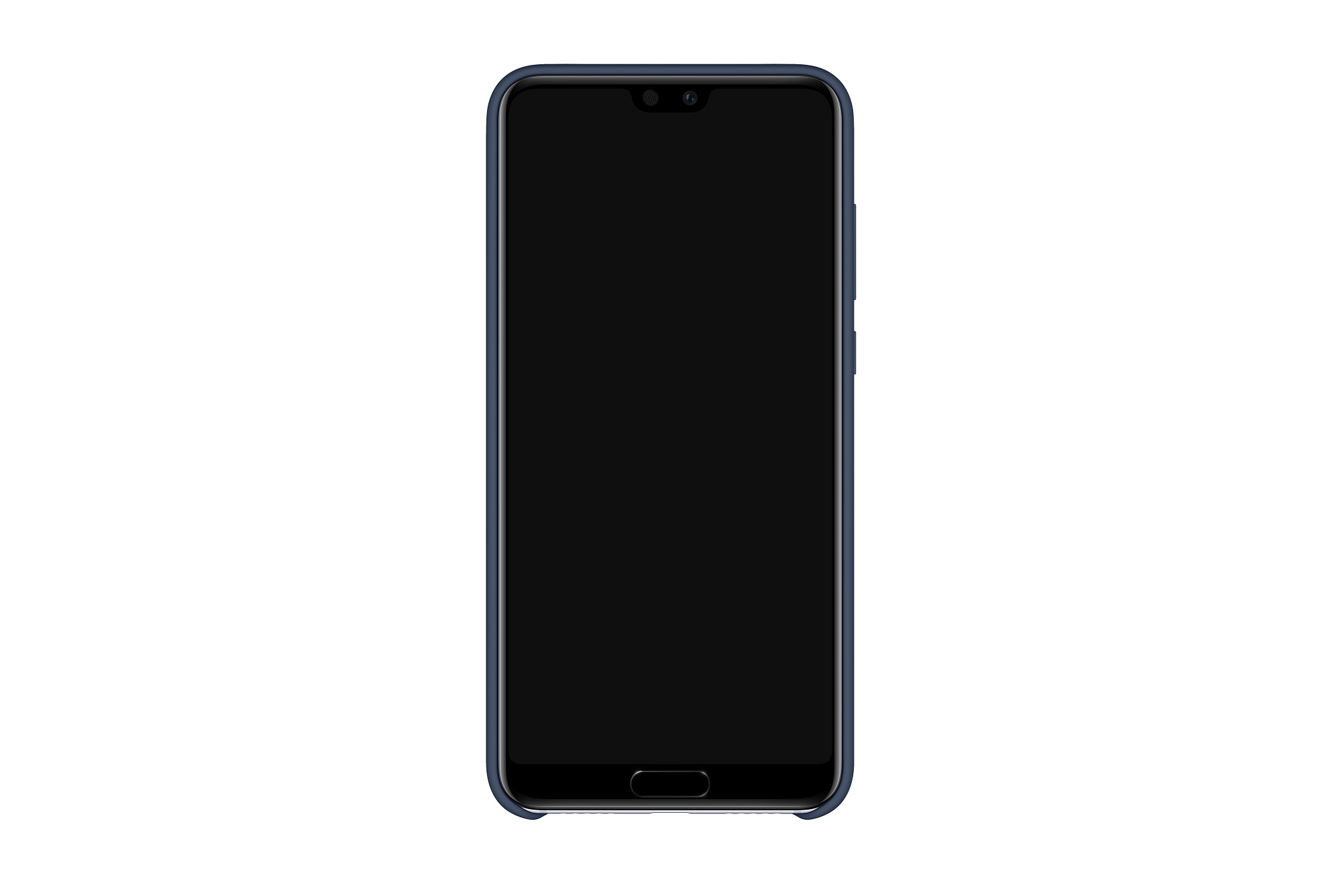 Schwarzes Smartphone mit dunklem Bildschirm, blauem Rahmen und weißem Hintergrund.