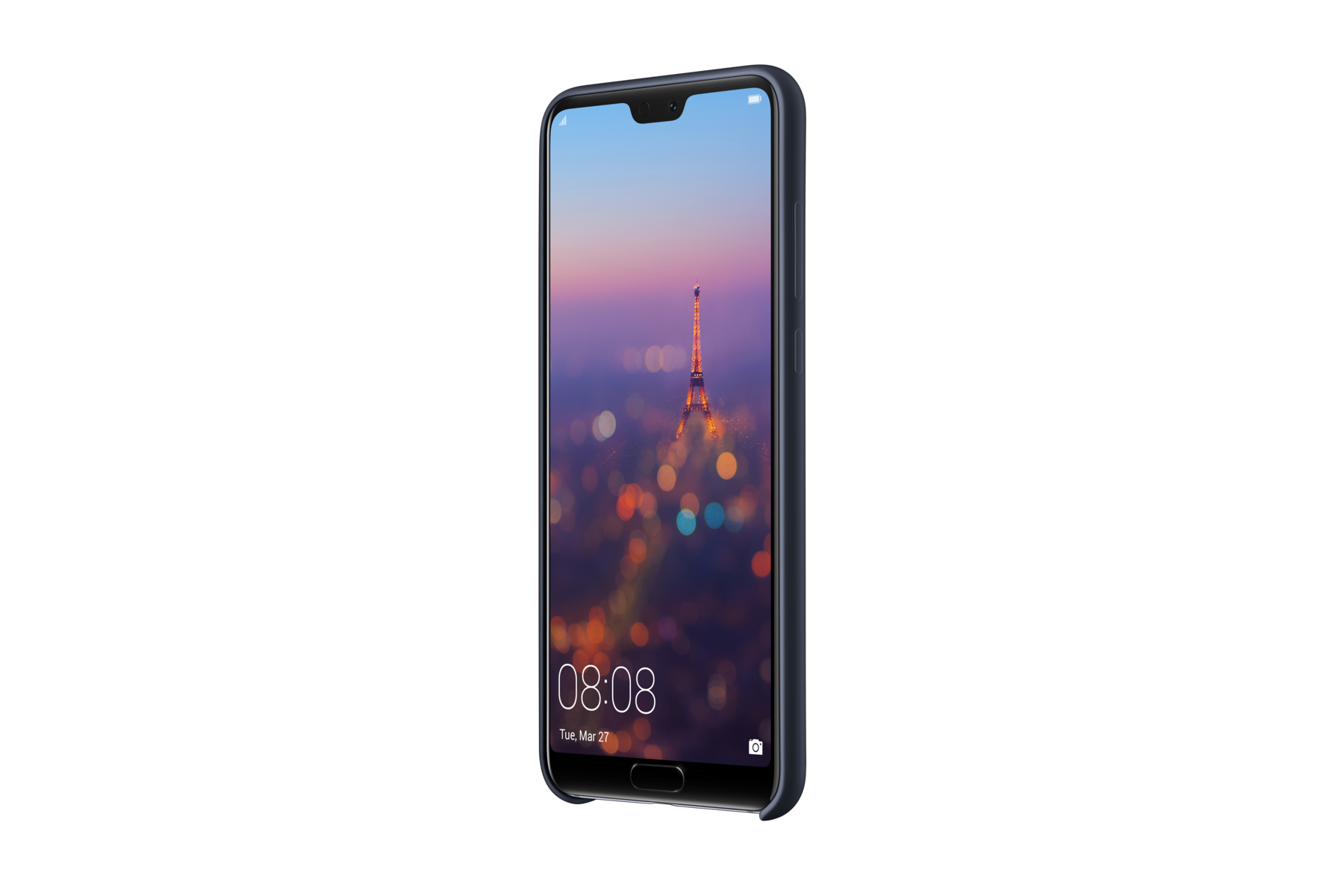 Ein Handy mit Hülle, zeigt Eiffelturm, weißer Hintergrund.